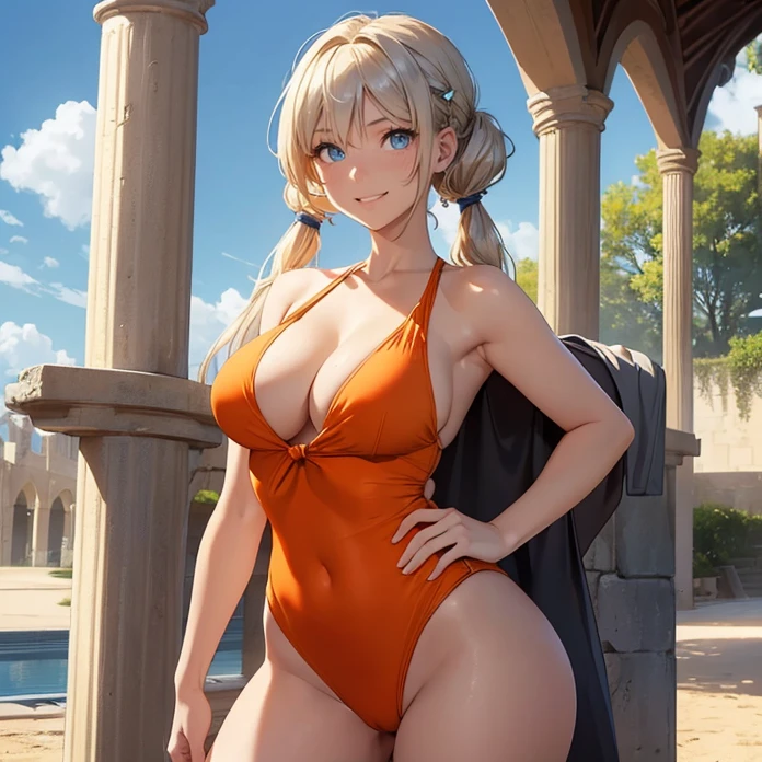 (masterpiece image, very detailed image, best high quality), 1 solo character alone.
(1Norse girl, absolute beauty, 24 years old, fair skin, blue eyes, sexy beauty features, straight short golden blonde hair tied in two short little pigtails with silver hairpins, voluptuous body, big breasts, round butt, beautiful legs, beautiful, smiling cheerful face and happy), (orange one-piece swimsuit)
She's modeling over a towel at a modern half medieval park.