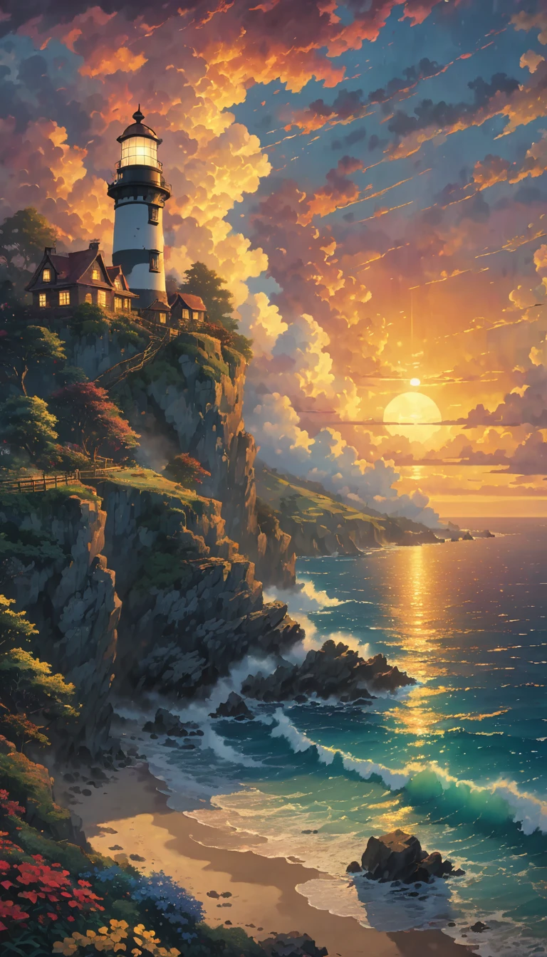 High quality, 8K Ultra HD. a painting of a solitary lighthouse shining around on a cliff, dusk with hellish and golden clouds incredible, dreamy, majestic, 4k anime wallpaper, incredible miyazaki, thomas kinkade matte 4k, art by Aries Moross, art by Bob Byerley, AshleyWoodArtAI, greg rutkowski Verano lluvia campo hiervas nubes niño HD 8K