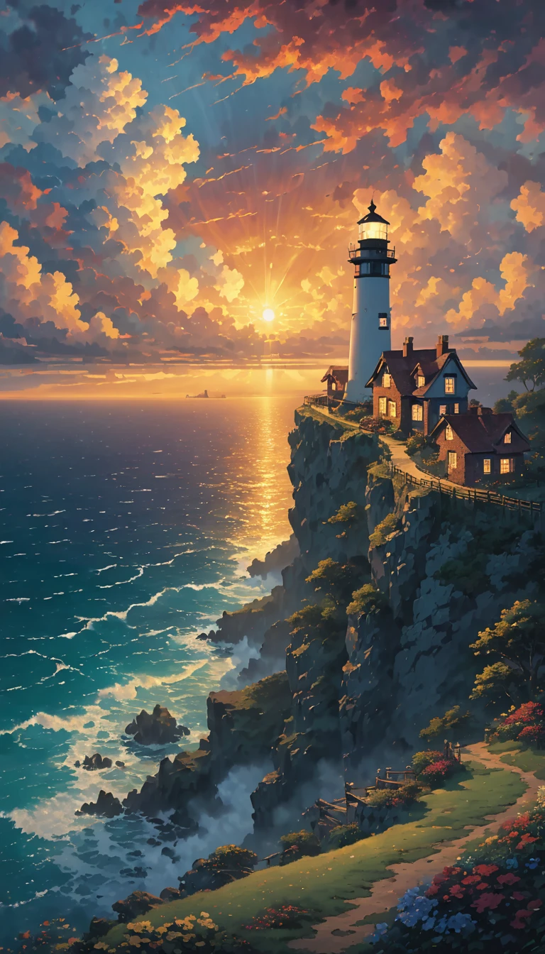 High quality, 8K Ultra HD. a painting of a solitary lighthouse shining around on a cliff, dusk with hellish and golden clouds incredible, dreamy, majestic, 4k anime wallpaper, incredible miyazaki, thomas kinkade matte 4k, art by Aries Moross, art by Bob Byerley, AshleyWoodArtAI, greg rutkowski Verano lluvia campo hiervas nubes niño HD 8K