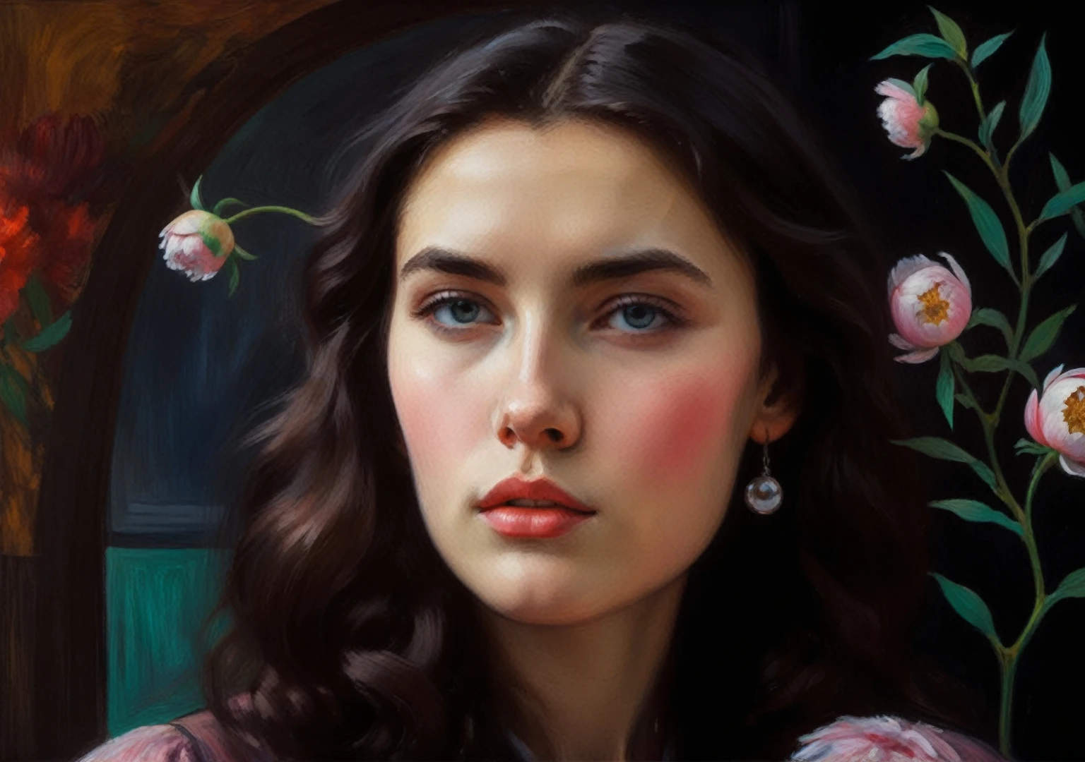 attractive young girl with peonies ((Edvard Munch style)), ((oil painting)), Bright color, ((tmasterpiece)), Impression, Extreme Detail, perspective, 8k