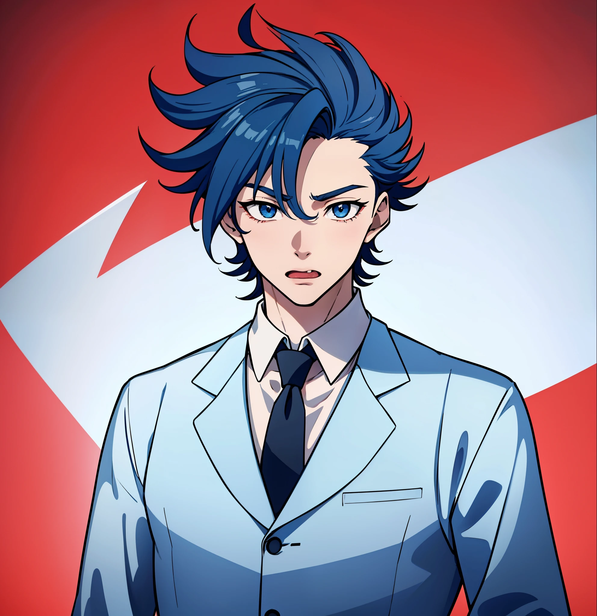anime boy, mouth open, tongue, amazed, mouth wide open, dark blue hair, blue eyes, red clothes, wide eyes, white shirt (beautiful and aesthetic:1. 5), thick black lineart, clean lineart, perfect lineart, sharp lineart, best quality, high quality, best quality, ultra-detailed, saturated colours, HD,