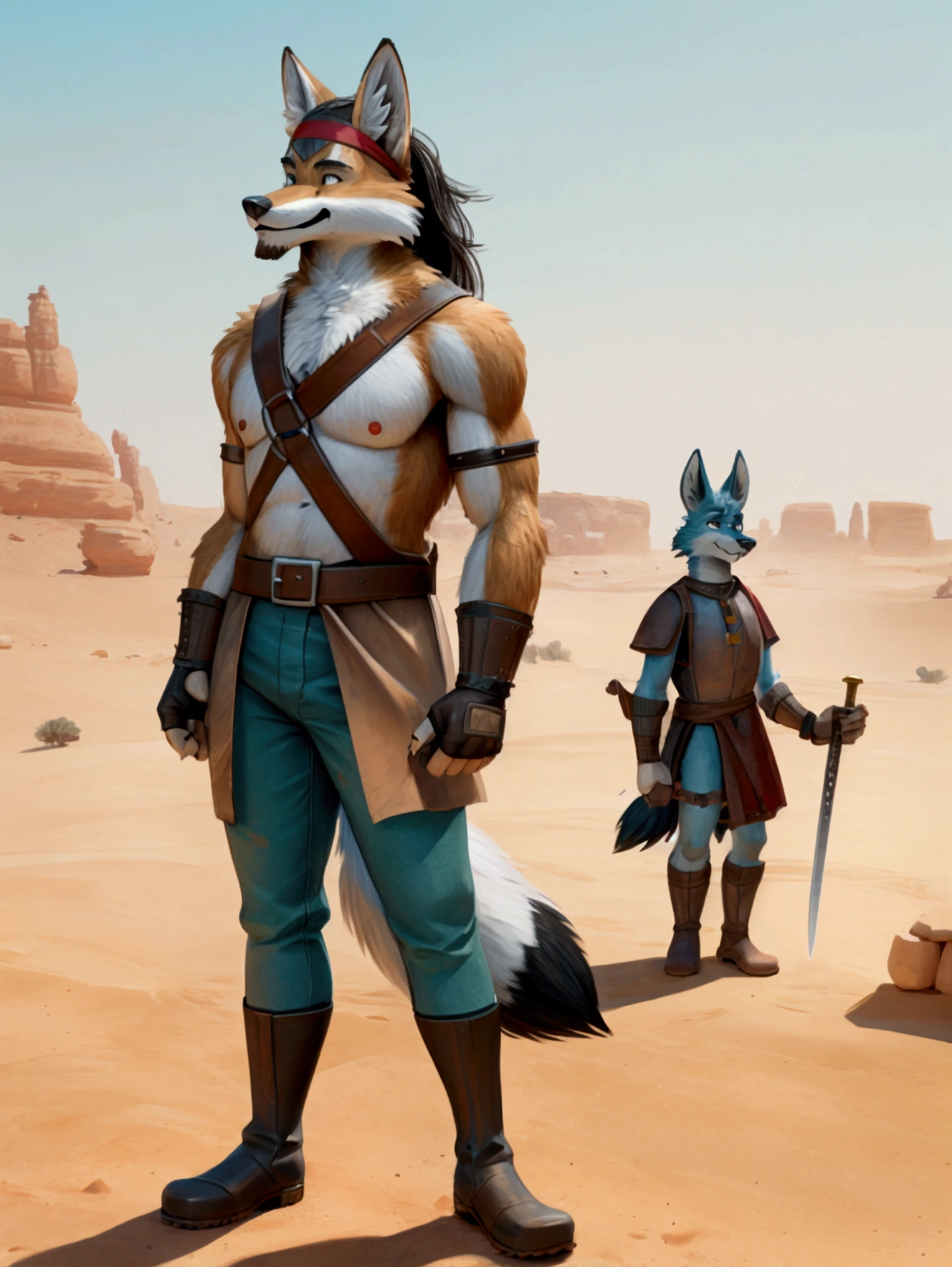 Handsome young anthro furry desert coyote fox male, desert ancient times mercenary solider-assasin murderer, handsome model look gay apperance, handsome muscules, tall, handsome muzzle, handsome shag headband, ruffled old stained tunic with very short sleeves, yawning pants tied with old leather boots on anthro foot, on the tunic old leather harness with scanty rusty breastplate with armlet, old leather bracers, fingerless gloves, old worn out clothing, old worn out armament, sword scars, desert ancient village street, hot climate, ancient desert times, playfull dirty smile, standing on the shadow street, proffesional digital furry drawing art