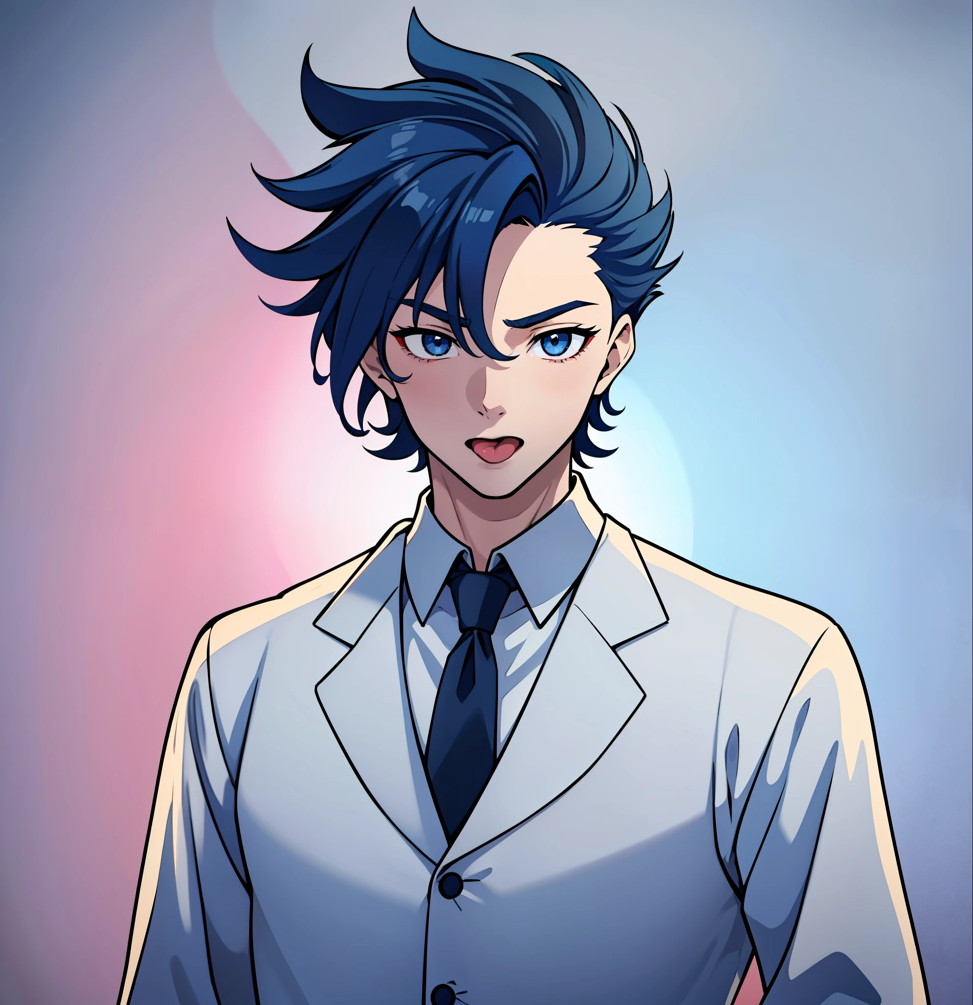 anime boy, mouth open, tongue, amazed, mouth wide open, dark blue hair, blue eyes, red clothes, wide eyes, white shirt (beautiful and aesthetic:1. 5), thick black lineart, clean lineart, perfect lineart, sharp lineart, best quality, high quality, best quality, ultra-detailed, saturated colours, HD,