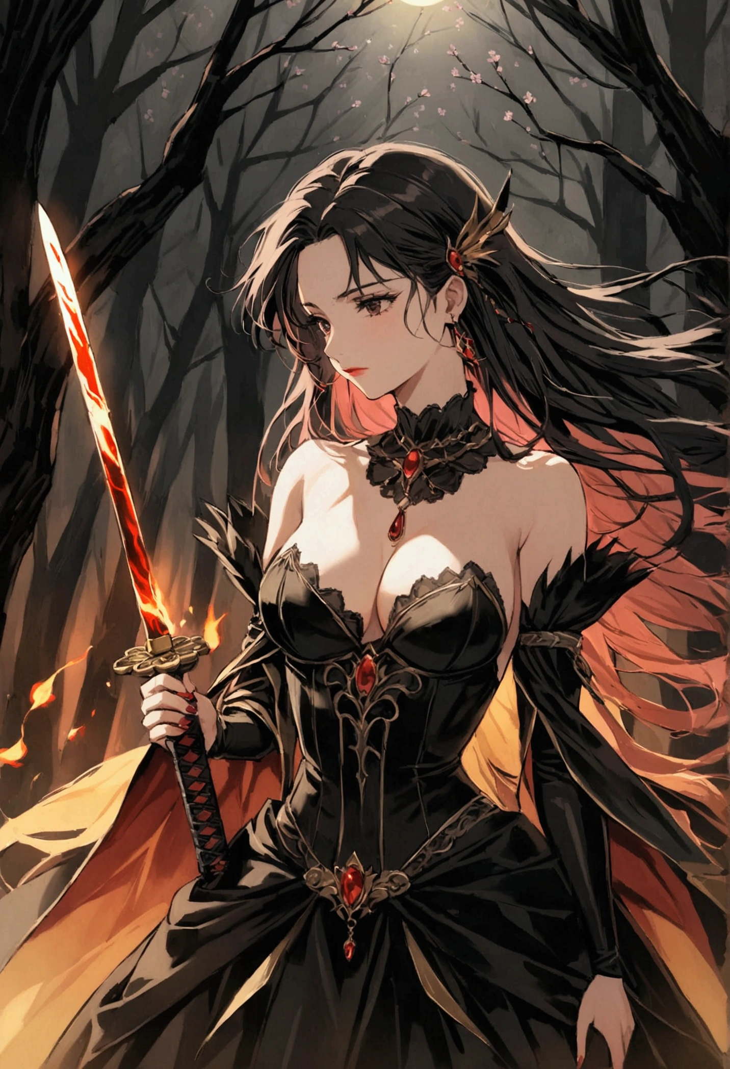 dark bloody atmosphere in oil paint in 32k full hd high quality, dress Black gold blood Arlequina sexy sensual cleavage + Avril Lavigne fusion phoenix holding a black bladed Katana with golden handle, in a cherry blossom forest with a few rays of sunlight passing through the trees, she is hurt, And she has (Black flames) as his greatest power around him, in ART style yuseke Murata