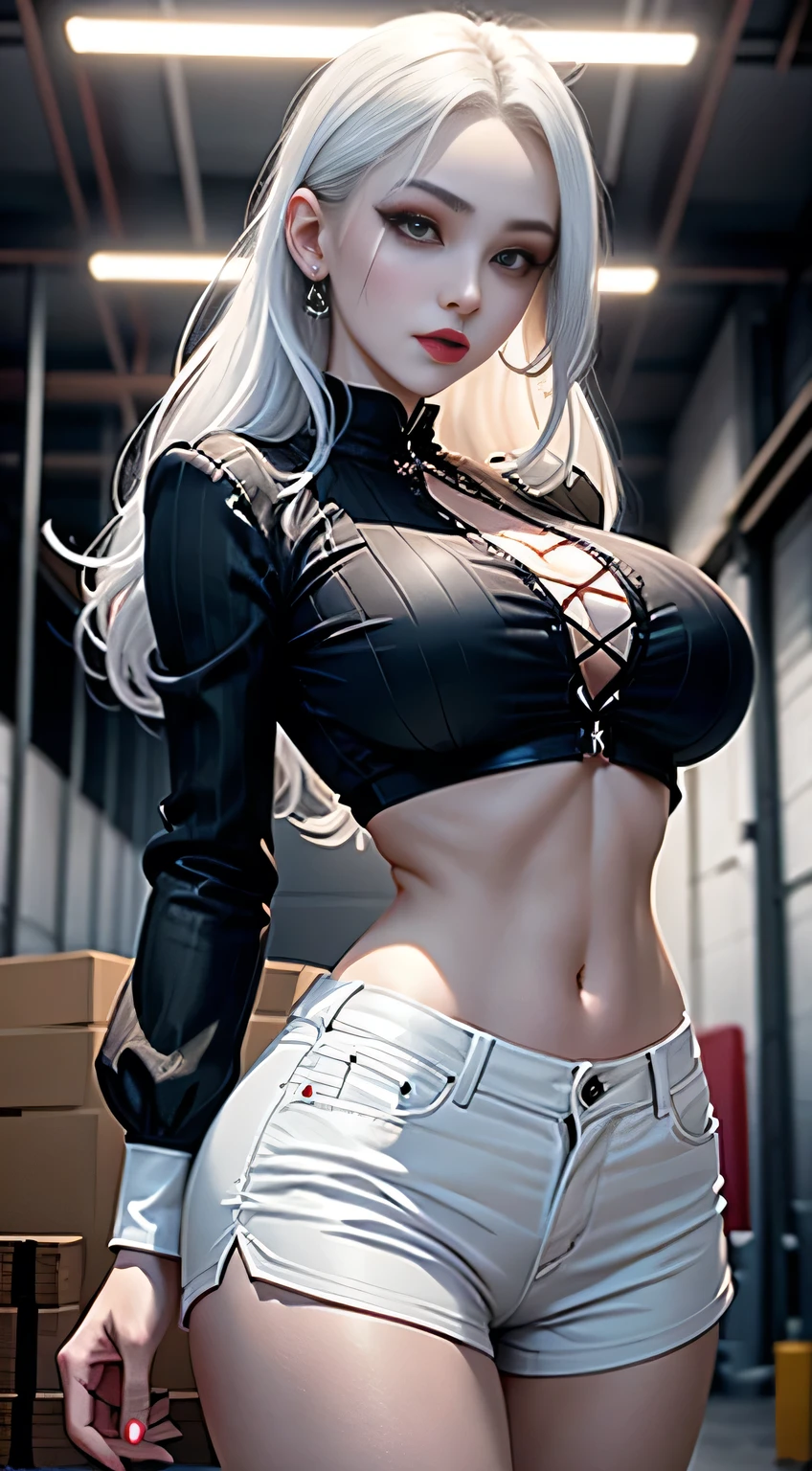 sfw, dim lit warehouse, pale skin demon woman, wearing white blouse and black shorts, evil seductive vibe, white hair, ((skinny waist)), young asian girl, ((big breasted)),