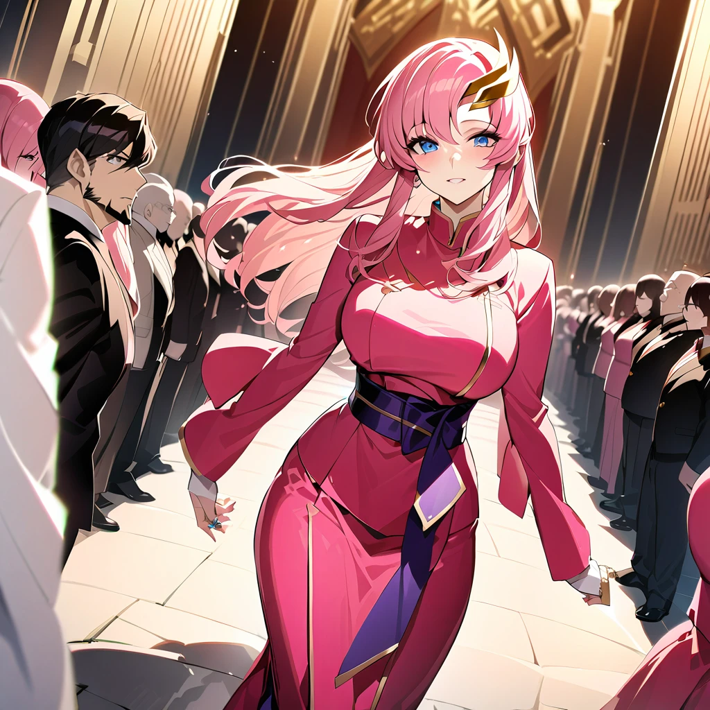 ((Highest quality)), ((masterpiece)), (detailed), （Perfect Face）、The woman is Lacus Clyne, the wife of the leader of a mysterious cult. She has blue eyes, medium-long pink hair, a hair accessory, is wearing the luxurious clothing of the mysterious religious organization, accessories with the symbol of the mysterious cult, and an engagement ring.、The woman is the wife of a middle-aged, bearded cult leader whom she greatly admires.、He is standing at the altar of a cult with a mysterious cult leader dressed in luxurious cult leader clothing.