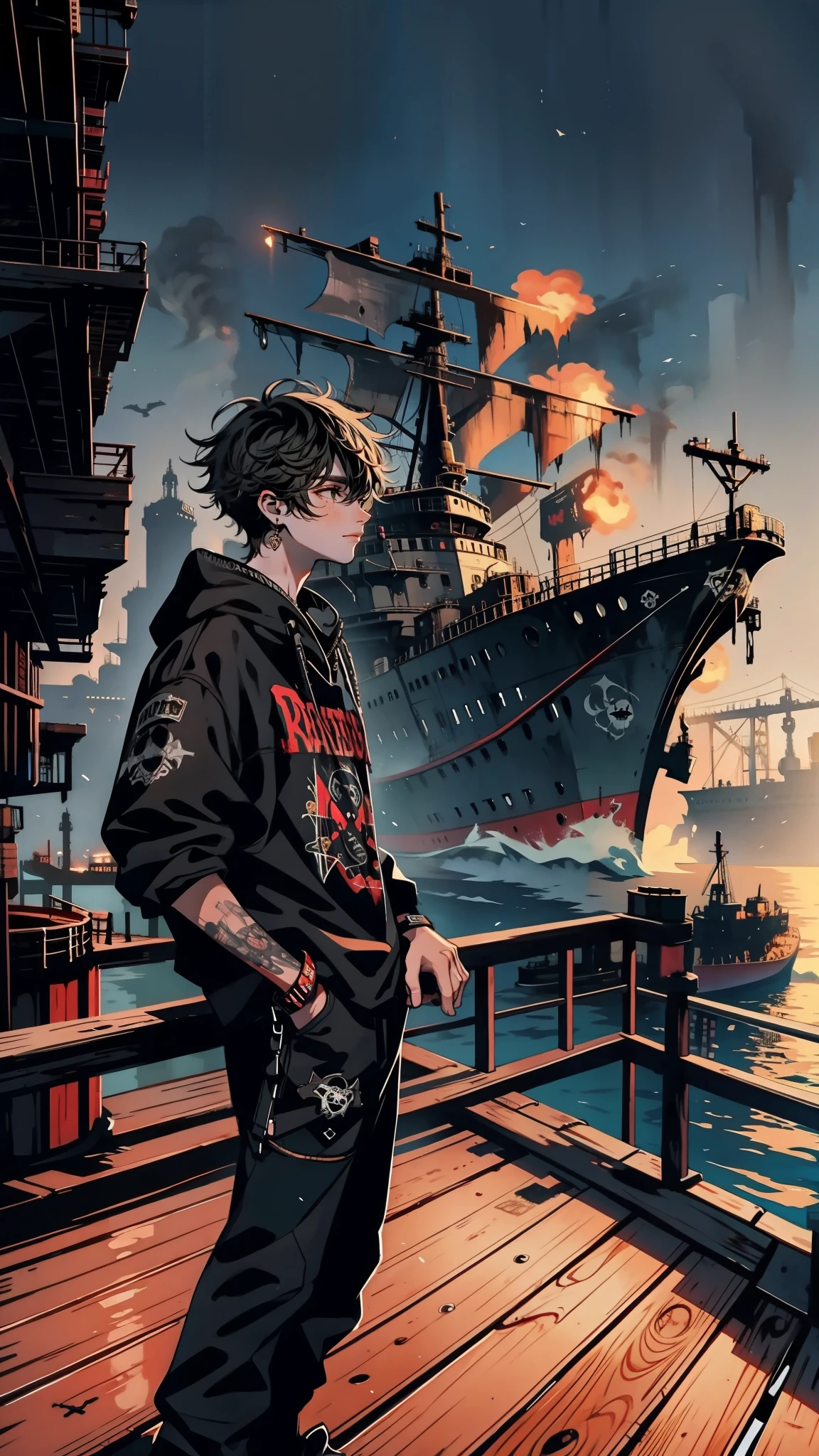 Solo teenager boy, industrial harbor, standing on a rusty metal pier, watching massive pirate ships, smoky atmosphere, urban decay, fantasy world, dark background, clean design, epic, artstation, colorful paint splatter, silhouette, hyper detailed intricate details, unreal engine, fantasy, splash screen, complementary colors, deviantart masterpiece, oil painting, heavy strokes, paint dripping, indifferent expression