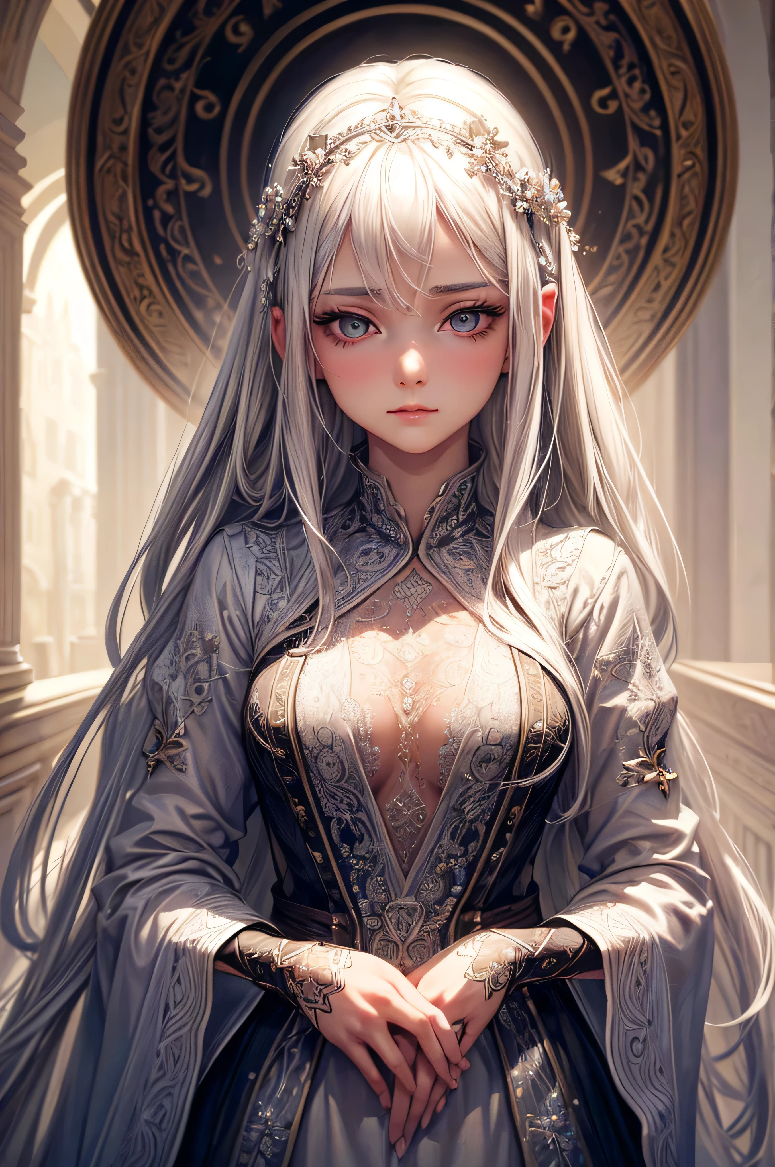 a beautiful young woman with long flowing silver white hair, extremely detailed face and eyes, small delicate breasts, looking directly at the viewer, intricate detailed portrait, oil painting, cinematic lighting, dramatic shadows, warm color palette, highly detailed, 8k, photorealistic, masterpiece