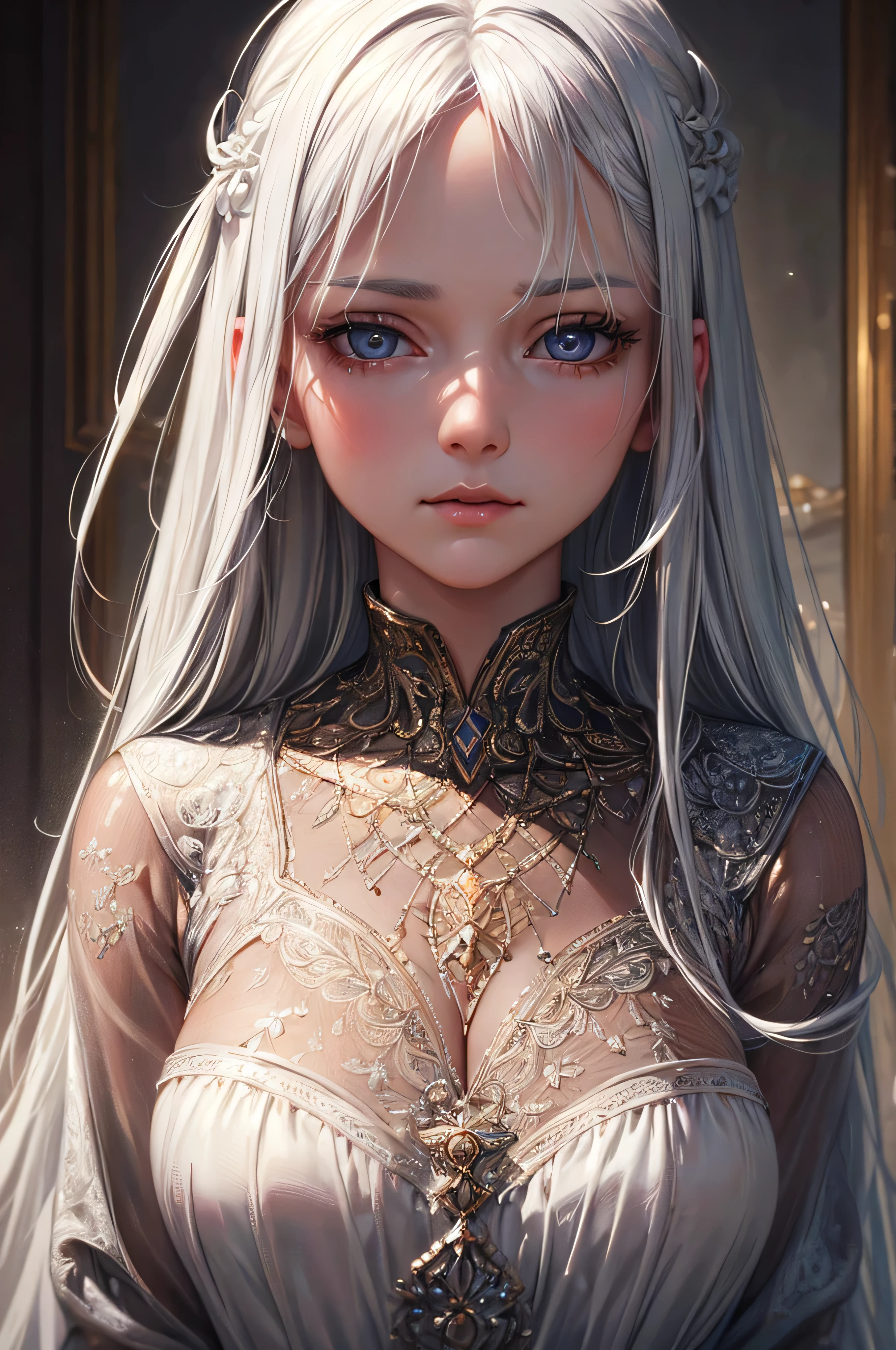 a beautiful young woman with long flowing silver white hair, extremely detailed face and eyes, small delicate breasts, looking directly at the viewer, intricate detailed portrait, oil painting, cinematic lighting, dramatic shadows, warm color palette, highly detailed, 8k, photorealistic, masterpiece