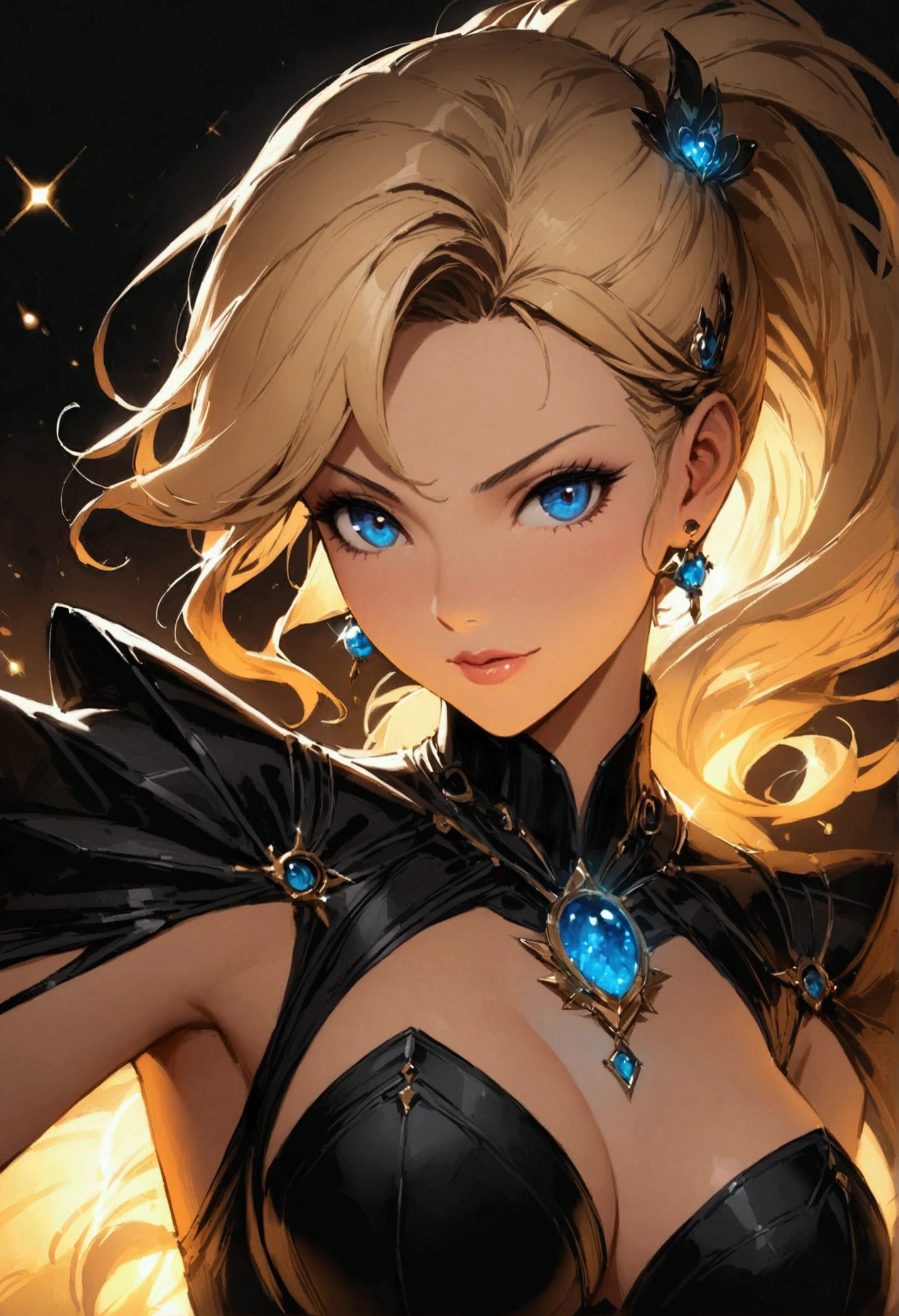 atmosfera oleosa sombria 4D style, fenix fubuki sexy picture of a grown-up magical girl sexy cute mature face hair blonde color fine with some puled up into a false ponytail, girl is a beautiful fire Black theme with glitter and sparkles, big blue eye creating a glamorous and aesthetic effect. sharp focus emitting diodes smoke artillery, sparks, racks, system unit, motherboard, by pascal blanche rutkowski repin artstation hyperrealism painting concept art of detailed