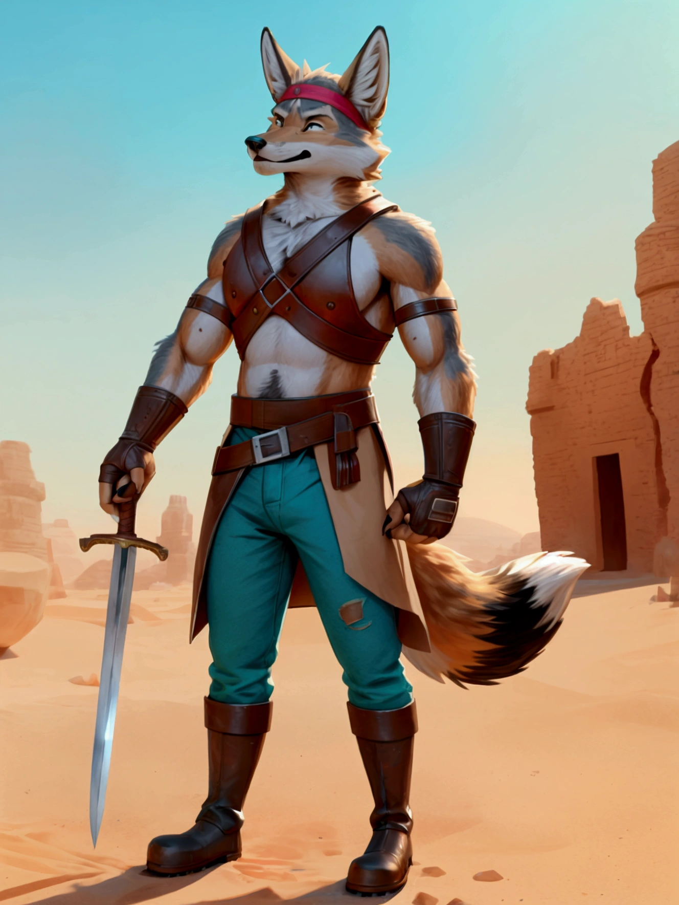 Handsome young anthro furry desert coyote fox male, desert ancient times mercenary solider-assasin murderer, handsome model look gay apperance, handsome muscules, tall, handsome muzzle, handsome shag headband, ruffled old stained tunic with very short sleeves, yawning pants tied with old leather boots on anthro foot, on the tunic old leather harness with scanty rusty breastplate with armlet, old leather bracers, fingerless gloves, old worn out clothing, old worn out armament, sword scars, desert ancient village street, hot climate, ancient desert times, playfull dirty smile, standing on the shadow street, proffesional digital furry drawing art