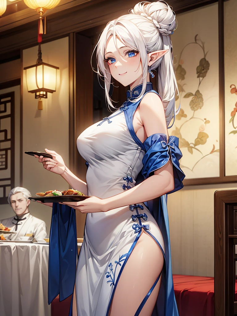 Highest quality,Masterpiece,8K,China Long Dress,Big Breasts,Best Style,Droopy eyes, glowing eyes, blue eyes,white Hair,Hair Bun,Chinese restaurant,waiter,elf ears, front facing 