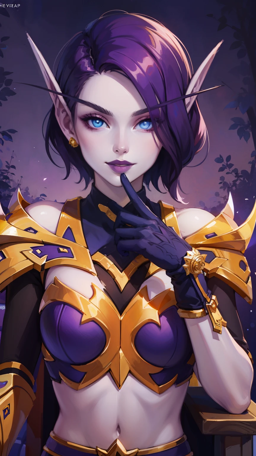 (8K, RAWphotograph, highest quality, masterpiece:1.2), High resolution, Super detailed, intricate details, disorganized, masterpiece, break , beautiful detailed woman, beautifully detailed mouth, highly detailed eyes and face, beautiful and fine eyes, 20 years old girl, (1girl, purple hair, short hair, spiral eyes, smirk, lustful eye, purple lip, licking lips, Tounge out) (digital) (sitting on chair) (looking at viewer), (Purple Forest background), (Gold handbands) (purple Ninja outfit)) , best quality, blue eyes, pointy ears, colored skin, blue skin, cover shoulder, sleeves, gloves, Purple clothes, semi crop top, gold trim, voidelf