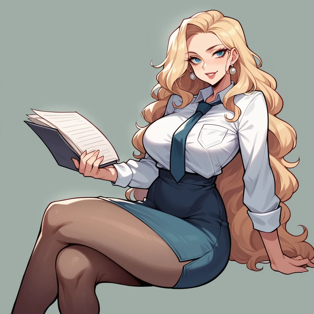Beautiful woman 25 years old, not very high, long curly light blonde hair, Thin waist, big tits, well-shaped and large hips. She wears a secretary uniform with a tie, she is in front of a fat and bald old man, he is sitting on his folder, he wears a shirt and tie, Office