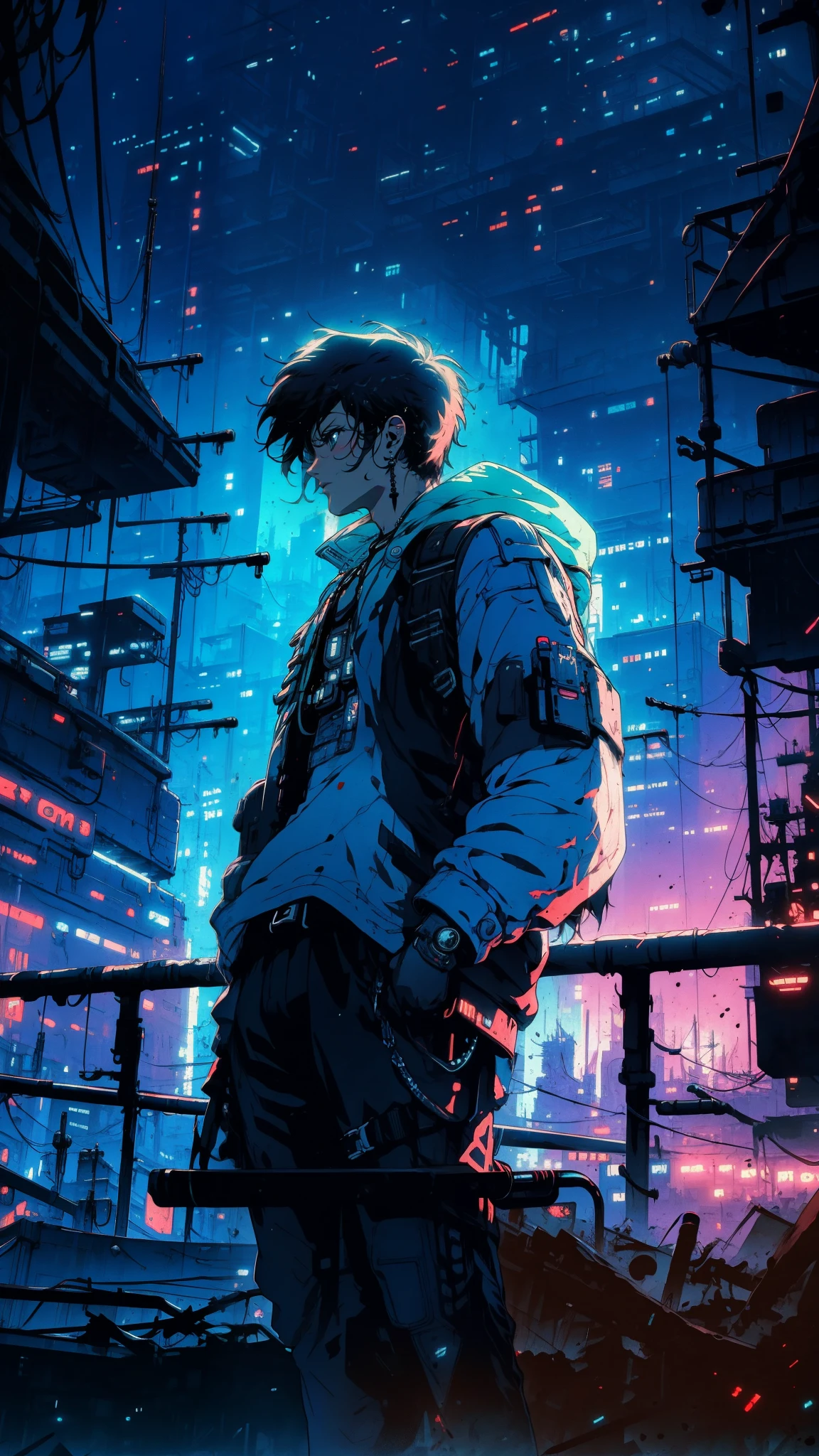 Solo teenager boy, cyberpunk city, standing on a neon-lit pier, overlooking pirate ships, dark ambiance, cybernetic enhancements, dystopian future, fantasy world, dark background, clean design, epic, artstation, colorful paint splatter, silhouette, hyper detailed intricate details, unreal engine, fantasy, splash screen, complementary colors, deviantart masterpiece, oil painting, heavy strokes, paint dripping, indifferent expression