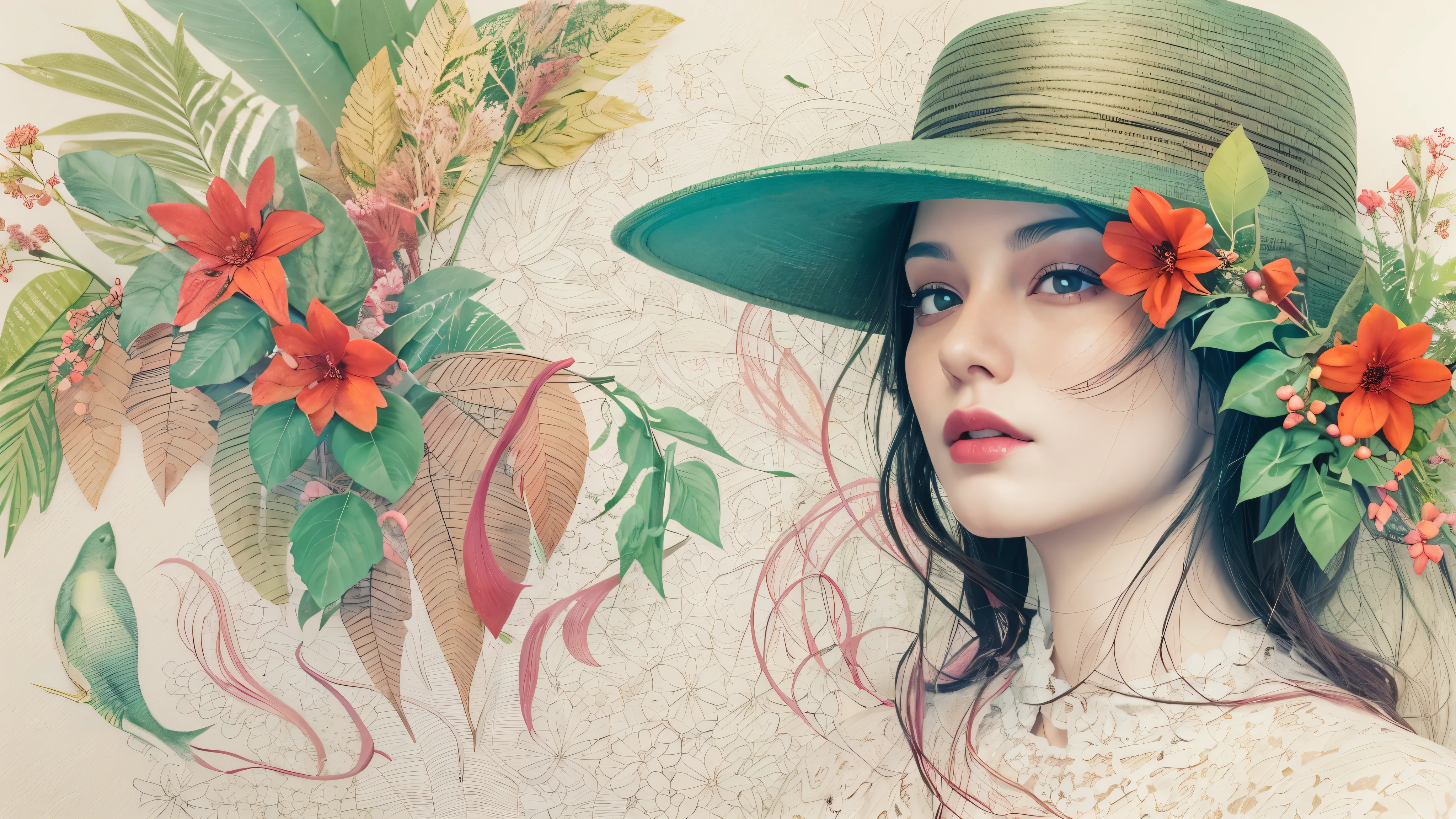 [On a sketchbook sheet with blue lines, A beautiful and intriguing woman looks at the viewer with a slight smile on her lips. She has long, dark hair, that fall on your shoulders. She wears a black hat adorned with red flowers, yellow and purple on the head. The hat contrasts with the white background of the leaf. The image is a true work of pencil painting art, inspired by Diego Koi&#39;s realistic and detailed style, a famous Italian artist.]