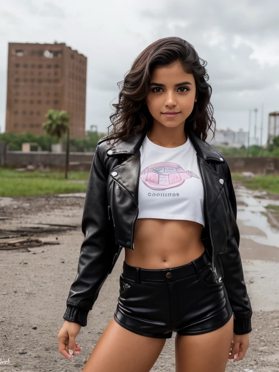 (Masterpiece, Hyperrealistic, 8k, HDR, RAW), ((Natural illumination)), sunny illumination, sunlight illumination, ((Pretty girl)), Mexican girl, cute girl, ((Tanned skin)), , ((Black short wavy hair)), ((Hazel eyes)), ((Cloudy day)), ((Sports top)), ((Black leather jacket)), ((Flat tummy)), ((Black Shorts)), ((In a destroyed city ruins)), ((Slim body)), cute face, blush, big eyes, grin, perfect anatomy