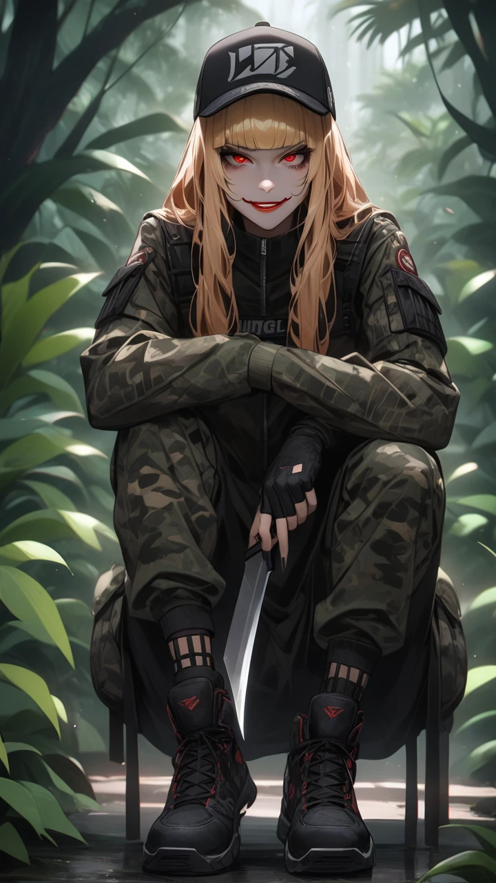 highest quality、masterpiece、1 girl、jungle background、blonde hair :1.5、red eyes 、red lips, camouflage clothes、Black and white world、Black and white world、machete 、side blade, evil smile, blunt bangs, baseball caps, full body:1.3, better quality detailed