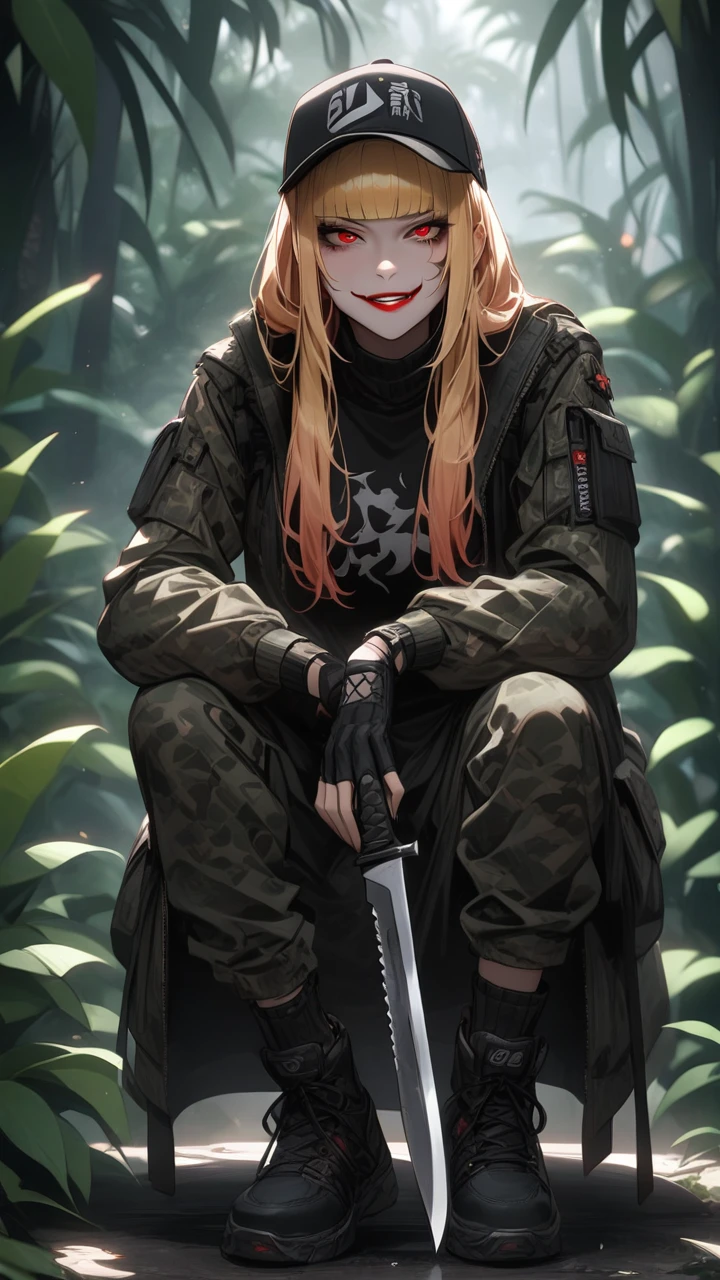 highest quality、masterpiece、1 girl、jungle background、blonde hair :1.5、red eyes 、red lips, camouflage clothes、Black and white world、Black and white world、machete 、side blade, evil smile, blunt bangs, baseball caps, full body:1.3, better quality detailed