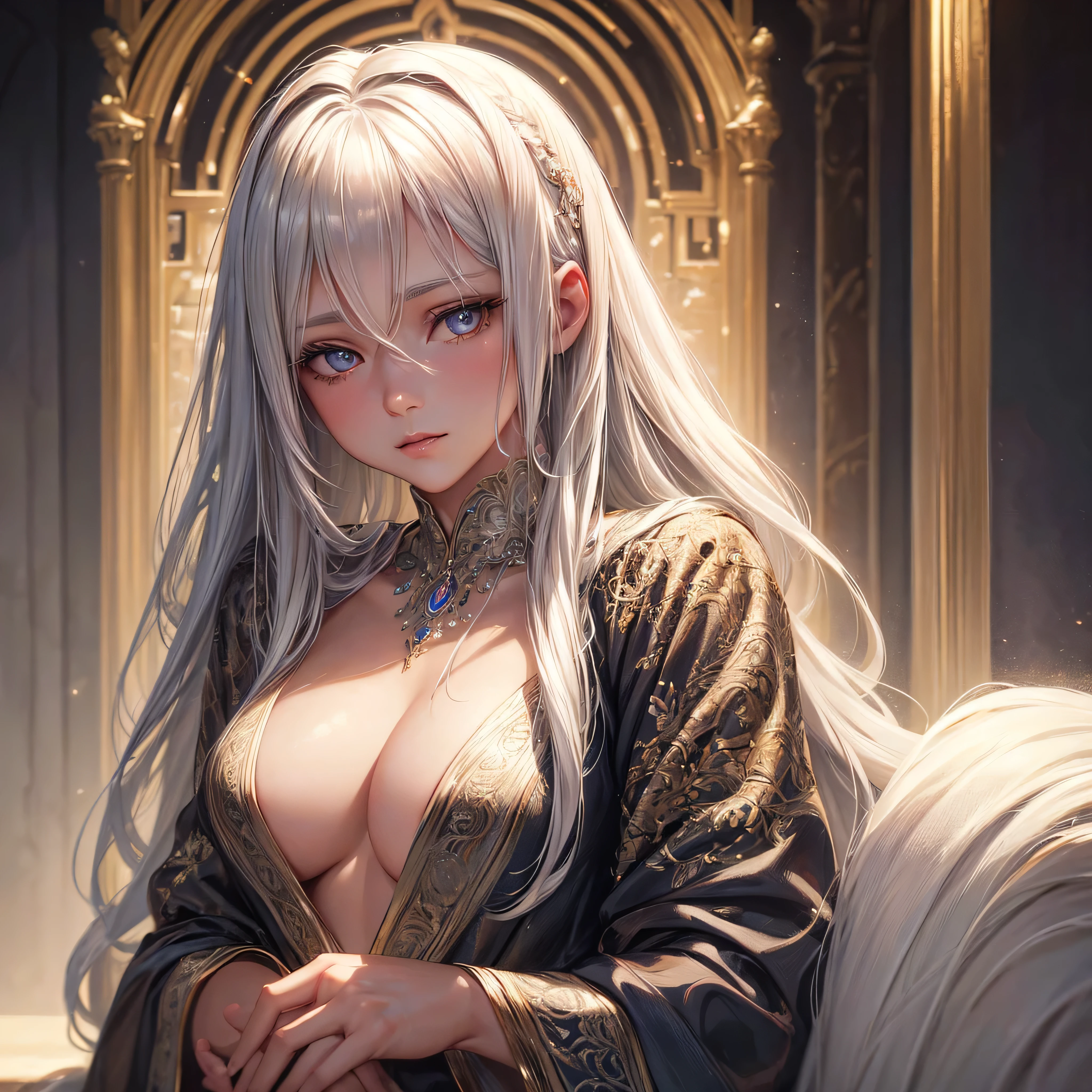 a beautiful young woman with long flowing silver white hair, extremely detailed face and eyes, small delicate breasts, looking directly at the viewer, intricate detailed portrait, oil painting, cinematic lighting, dramatic shadows, warm color palette, highly detailed, 8k, photorealistic, masterpiece