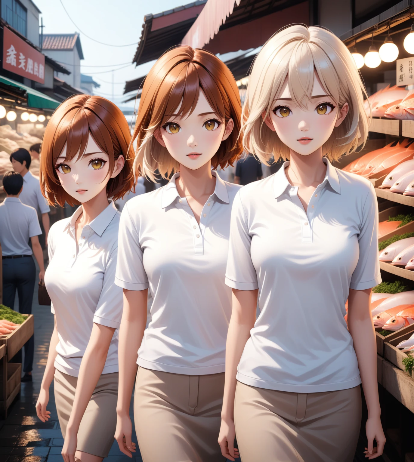 a realistic anime portrait of group of 4 office women, they're wandering at fish market, day light scenery, front view, looking at viewer, (all girl wearing white polo shirt), full body detailed portrait, extremely detailed facial features, high quality, masterpiece, best quality, beautiful glowing skin, delicate facial features, elegant hairstyles, detailed clothing, realistic lighting and shadows, warm color palette, soft ambient lighting