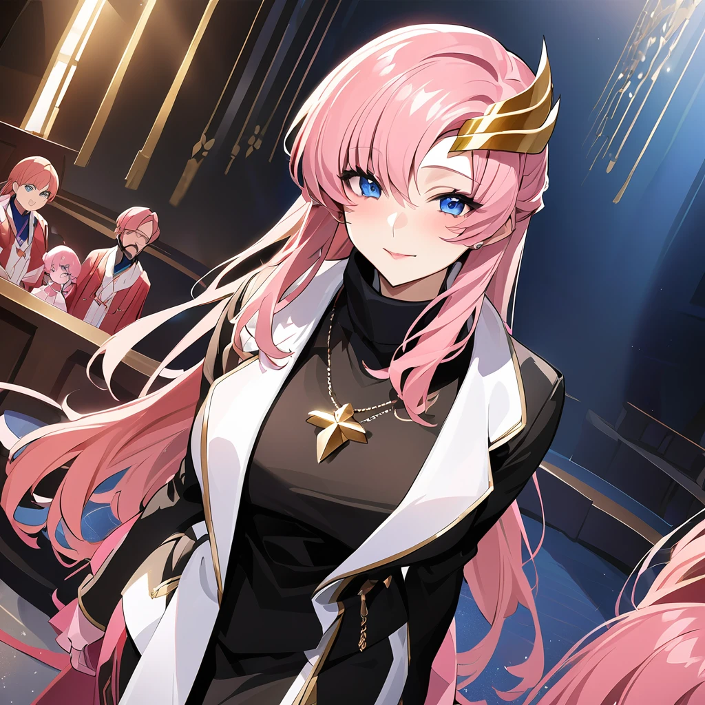 ((Highest quality)), ((masterpiece)), (detailed), （Perfect Face）、The woman is Lacus Clyne, the wife of the leader of a mysterious cult. She has blue eyes, medium-long pink hair, a hair accessory, is wearing the luxurious clothing of the mysterious religious organization, and has a necklace and accessories with the symbol of the mysterious cult, as well as an engagement ring.、The woman is the wife of a middle-aged, bearded cult leader whom she greatly admires.、He is standing at the altar of a cult with a mysterious cult leader dressed in luxurious cult leader clothing.