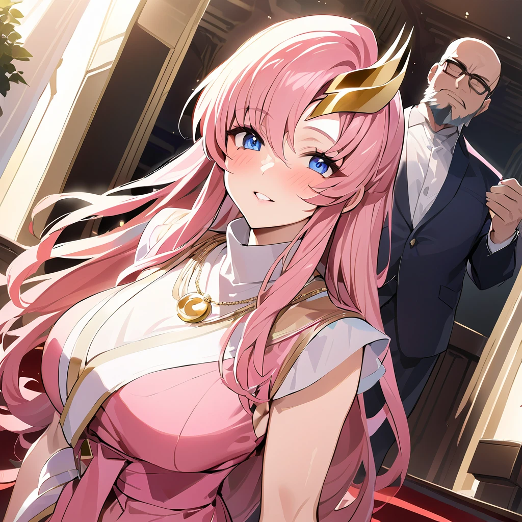 ((Highest quality)), ((masterpiece)), (detailed), （Perfect Face）、The woman is Lacus Clyne, the wife of the leader of a mysterious cult. She has blue eyes, medium-long pink hair, a hair accessory, is wearing the luxurious clothing of the mysterious religious organization, and has a necklace and accessories with the symbol of the mysterious cult, as well as an engagement ring.、The woman is the wife of a middle-aged, bearded cult leader whom she greatly admires.、He is standing at the altar of a cult with a mysterious cult leader dressed in luxurious cult leader clothing.