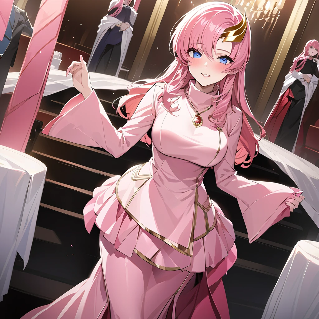 ((Highest quality)), ((masterpiece)), (detailed), (Perfect Face)、The woman is Lacus Clyne, the wife of the leader of a mysterious cult. She has blue eyes, medium-long pink hair, a hair accessory, is wearing the luxurious clothing of the mysterious religious organization, and has a necklace and accessories with the symbol of the mysterious cult, as well as an engagement ring.、The woman is the wife of a middle-aged, bearded cult leader whom she greatly admires.、He is standing at the altar of a cult with a mysterious cult leader dressed in luxurious cult leader clothing.