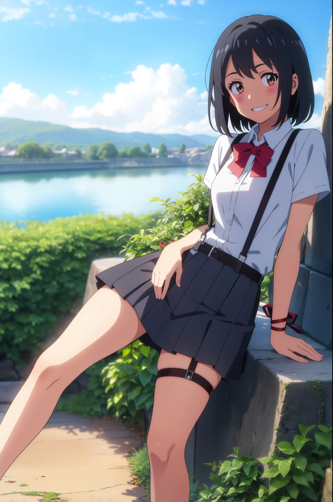 shinkai makoto, kimi no na wa., 1girl, bangs, black hair, blush, brown eyes, perfect face, looking at the viewer, black suspenders, bare shoulders, red headband, red ribbon, garterbelt, garter, sight, mini skirt, belt, short hair, solo, shinny skin, smile, cute, grin, cloudy, blue sky, mountains, rocks, sitting, (masterpiece), best quality