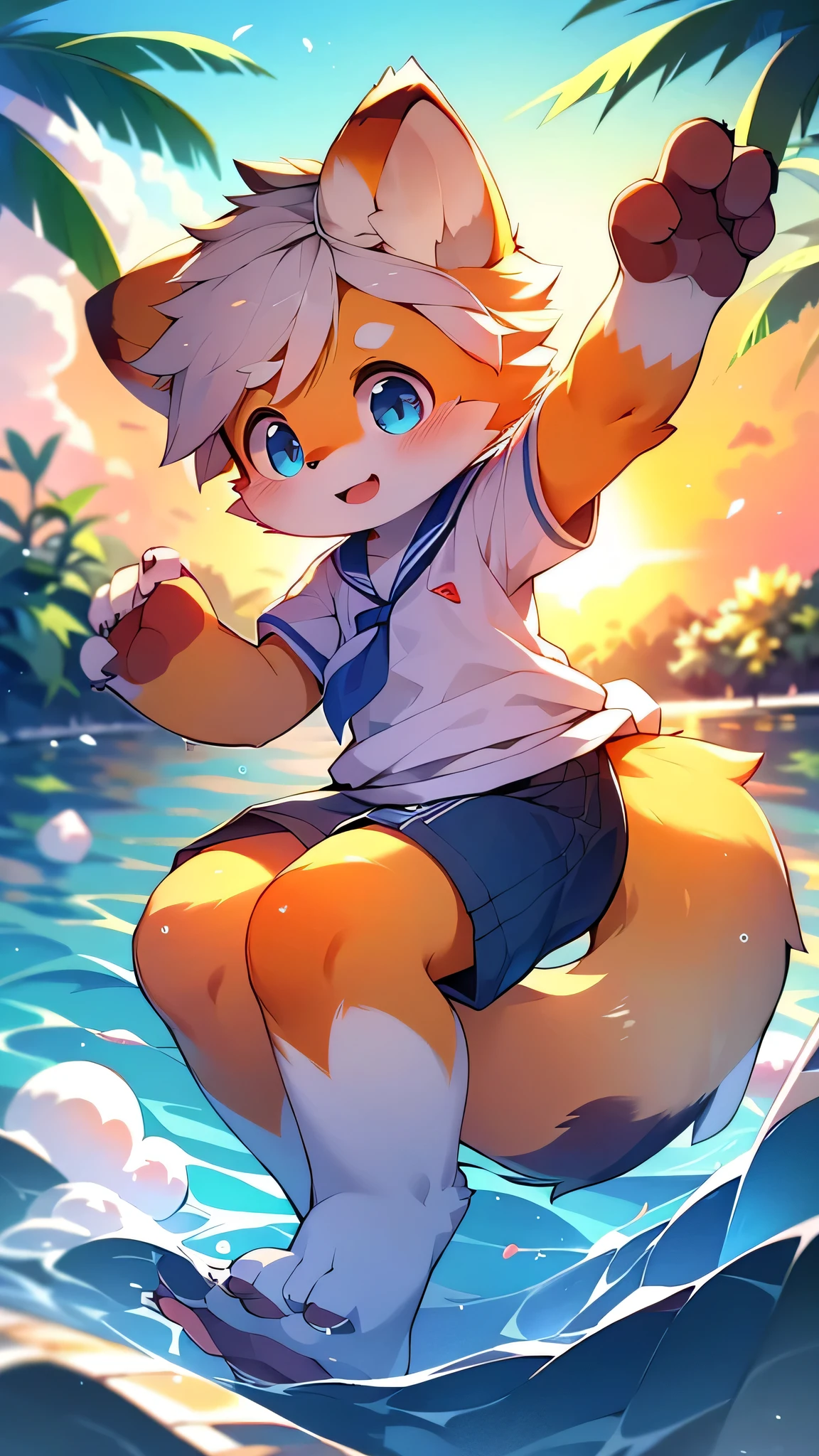 Red Panda Boy,School,student,Sailor Uniform Ultra Thin,Exact details,4K ultra-vivid,Cute Face,Fluffy fur,Furry,Water Play,swimming,Ocean,Cute art style in anime,(-yeld bounset,single,alone