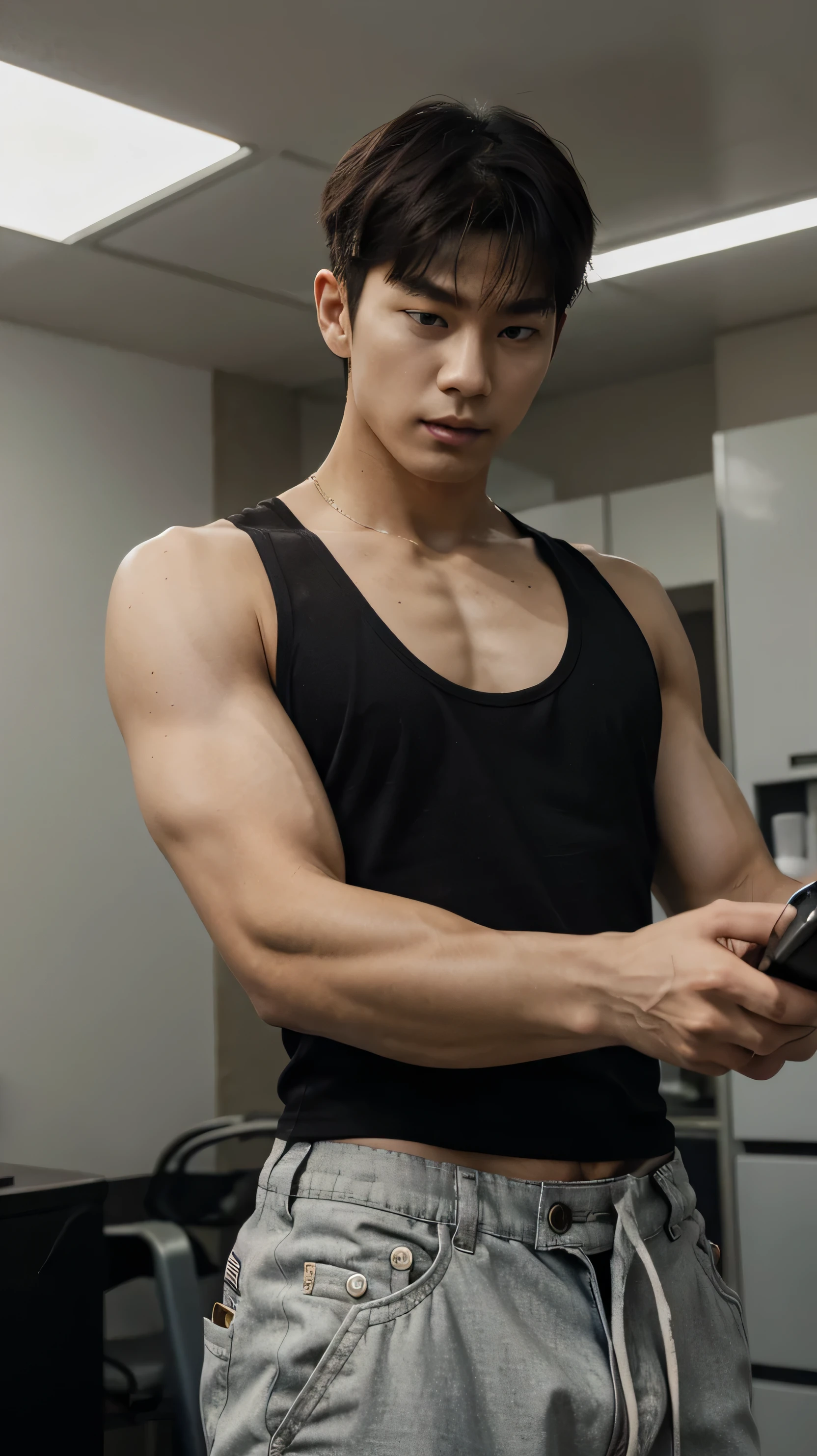 there is a man with a helmet and cell phone, 2-1 year old Korean muscle boy., The shoulders can be seen, Hyung Tae, Black fitted t-shirt, South Korean man, TaeJune Kim, Kim Doyoung, Jinyoungin, wearing a low-cut tank top, muscles, strong, but muscular, She is around 30 years old and has long light brown hair..