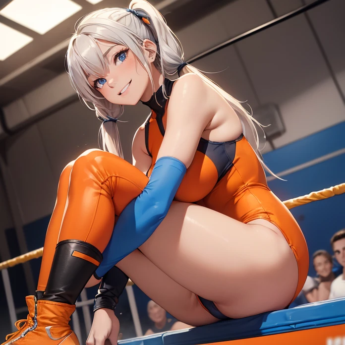 (masterpiece image, very detailed image, best high quality), 1 solo character alone.
(1Norse blonde silver haired girl, absolute beauty, 24 years old, fair skin, blue eyes, sexy beauty features, straight short pale golden blonde hair tied in two short little pigtails with silver hairpins, voluptuous body, big breasts, round butt, beautiful legs, beautiful, smiling cheerful face and happy), (orange wrestling leotard with leggings, blue wrestling long boots, blue elbiw pads, blue knee pads)
She's training over the wrestling ring at the gym, combat wrestling pose.