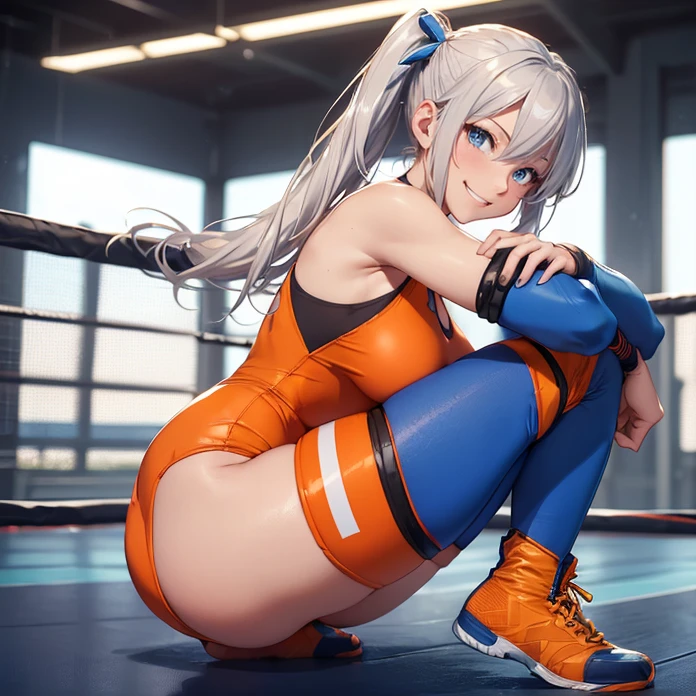 (masterpiece image, very detailed image, best high quality), 1 solo character alone.
(1Norse blonde silver haired girl, absolute beauty, 24 years old, fair skin, blue eyes, sexy beauty features, straight short pale golden blonde hair tied in two short little pigtails with silver hairpins, voluptuous body, big breasts, round butt, beautiful legs, beautiful, smiling cheerful face and happy), (orange wrestling leotard with leggings, blue wrestling long boots, blue elbiw pads, blue knee pads)
She's training over the wrestling ring at the gym, combat wrestling pose.