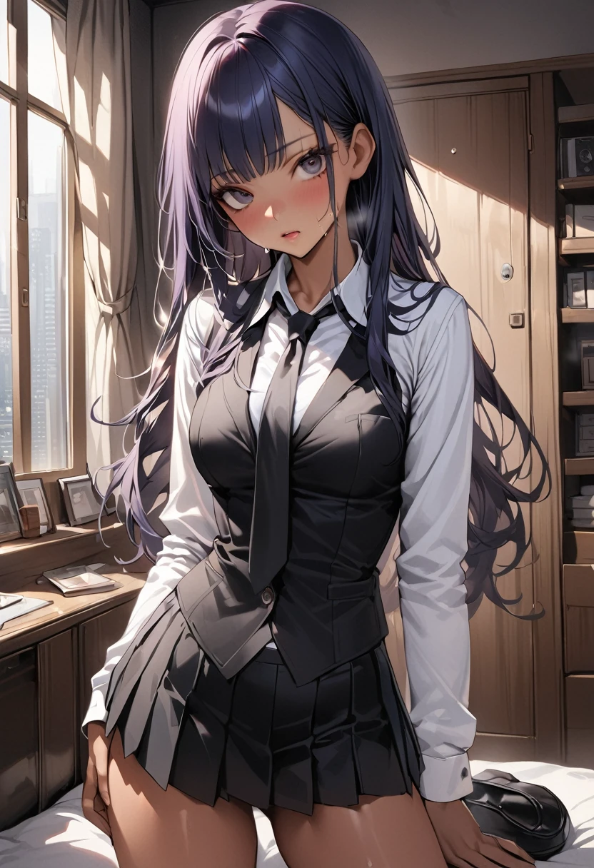 ((masterpiece,Highest quality:1.3,best quality illustration)),realistic,1woman,(20 year old beauty),((very small head:1.3)),ideal ratio body proportions,dark blue hair,straight long hair,bangs,black eyes,gorgeous big eyes,((tan skin,skinny)),(Black vest、Black tie、White collared shirt、Long sleeve、Black pleated mini skirt)),medium breasts,gleaming skin,slender body,sweat,standing,Simple bedroom,Shinjuku、Tokyo、nsfw,