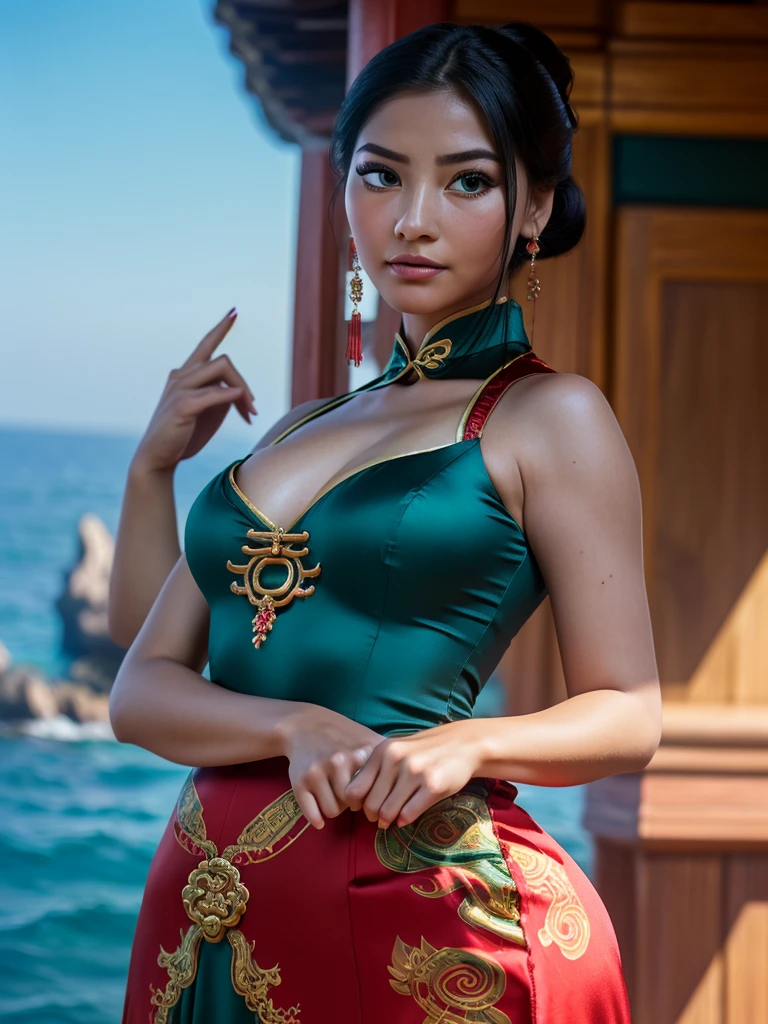 Photo of a woman with natural skin, trunk, by the sea, light is shining, twintails altos, Black hair with red mesh, Sharp eyes with red eyeshadow, Blue-green eyes, glare eyes, A thin, steep nose, well-shaped lips, breasts big, big-ass, ((chinese dress, thicc thighs)), make up, Exquisitely crafted with the utmost attention to detail, Vibrant, incredible, Soft, cinematic, 4K, contra-luz, (()), Shallow depth of field, ((detailedeyes:1.3, detailed lips:1.3, high qualiy, )), work of art, super detailed images, high qualiy