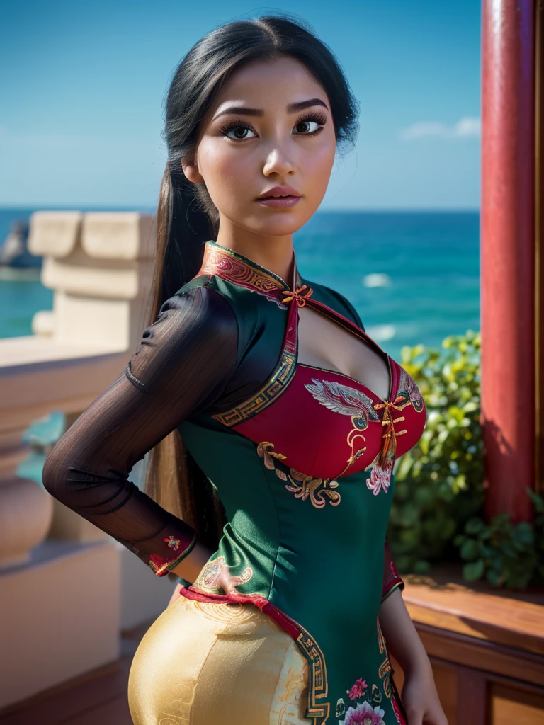 Photo of a woman with natural skin, trunk, by the sea, light is shining, twintails altos, Black hair with red mesh, Sharp eyes with red eyeshadow, Blue-green eyes, glare eyes, A thin, steep nose, well-shaped lips, breasts big, big-ass, ((chinese dress, thicc thighs)), make up, Exquisitely crafted with the utmost attention to detail, Vibrant, incredible, Soft, cinematic, 4K, contra-luz, (()), Shallow depth of field, ((detailedeyes:1.3, detailed lips:1.3, high qualiy, )), work of art, super detailed images, high qualiy