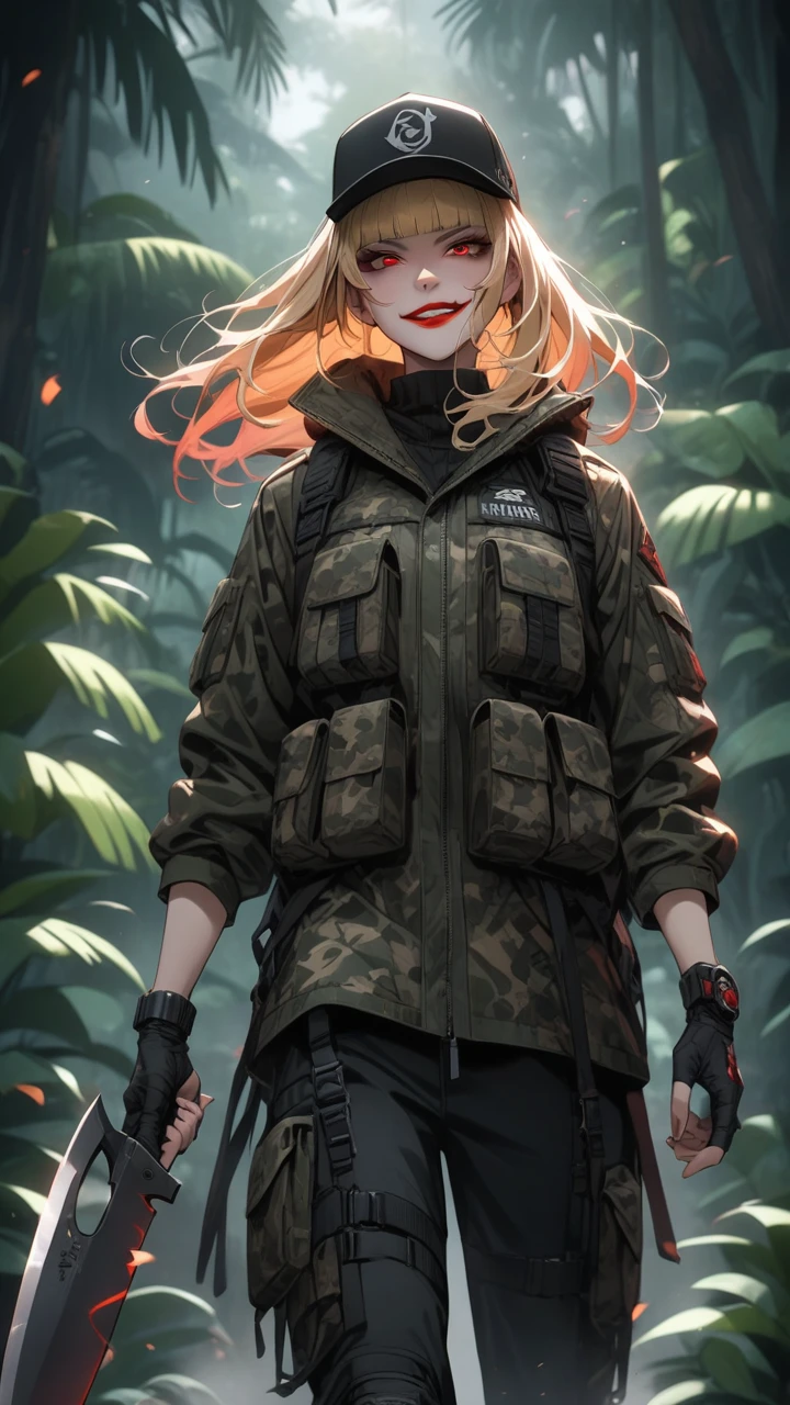 highest quality、masterpiece、1 girl、jungle background、blonde hair :1.5、red eyes 、red lips, camouflage clothes、Black and white world、Black and white world、machete 、side blade, evil smile, blunt bangs, baseball caps, full body:1.3, better quality detailed