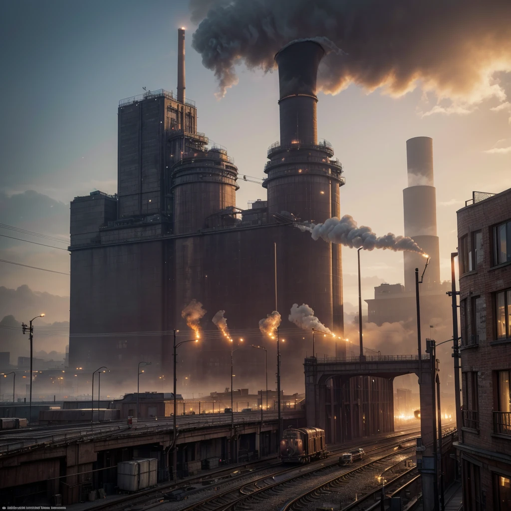 Industrial city, surrounded by a wall, steampunk, rusty and heavy, billowing smoke, Chimney, factories, gears, machinery, tall buildings, torres, steam power, steam pipes, Street lighting, nuclear power plant, reactor nuclear, pollution, fog, fires, Explosions, railway, bridges, steel structures, oxide, debris, (cinematic lighting:0.8, Super detail, to flourish) ((masterpiece, Hyperrealism, photorealism, o my master, perfection, photo realism)).