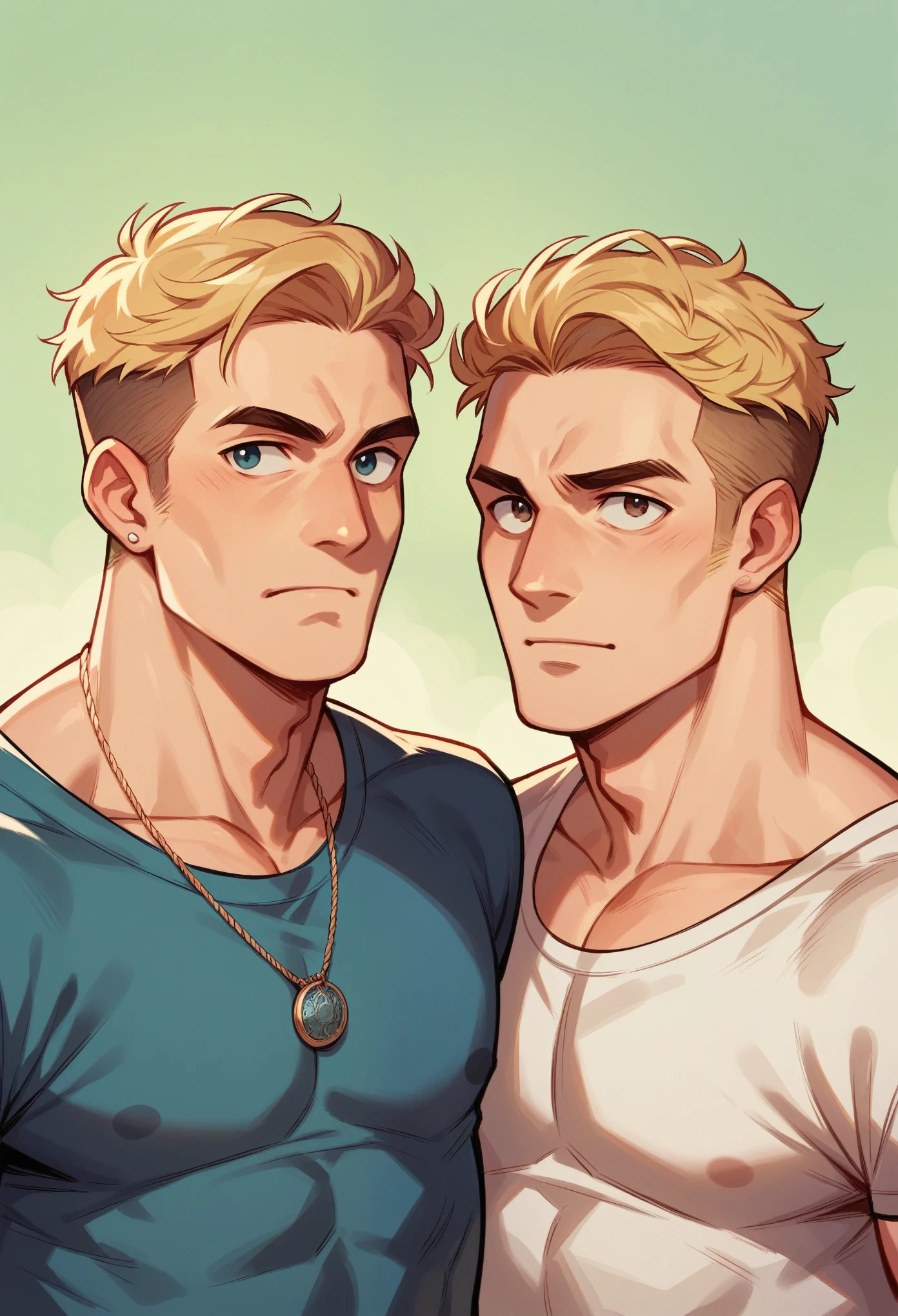 2heads, man and woman, ages 39 and 20, American, two heads on one body, one torso, casual mix of men and womans clothes, blonde and brunnette hair,