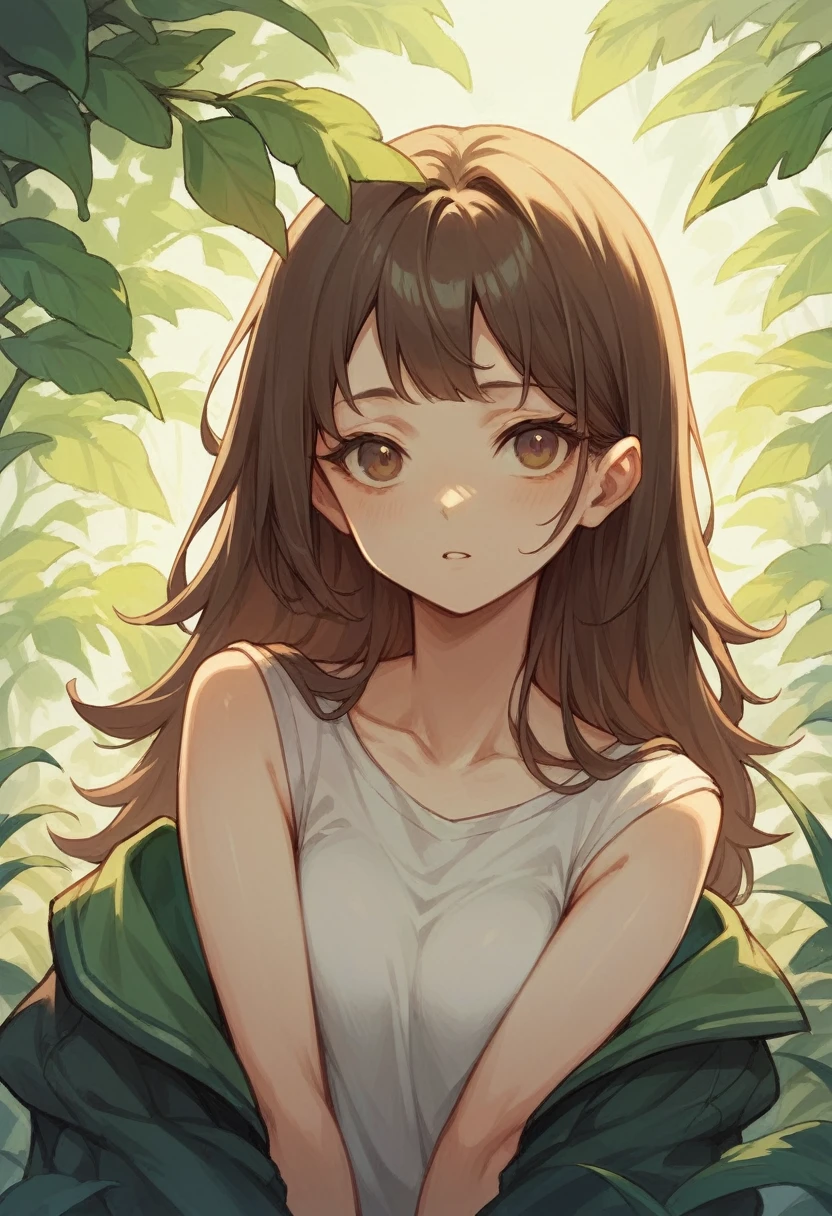 ((Masterpiece)), ((best quality)), (Anime:1.5), (RAW photo:1.2), (High Definition:1.3), (Professional Photography:1.2), (()), 1girl, (Beautiful diamond eyes), (Very shy and blush), (Glossy lips), upper body, (thin camisole), (swept bangs), low ponytail, ((loose cute boxer shorts pull up)), pale brown hair, small breast, cute hips, BREAK, ((best quality)), (sweaty skin), (mist effect:1.3), (in subtropical rainforest), Mountain Landscapes, (Vibrant pose:1.4)