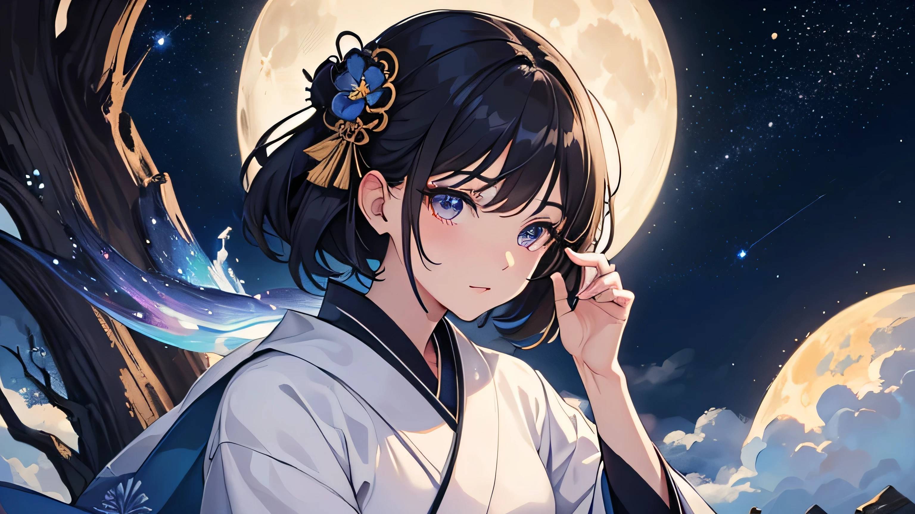Ink painting:1.4,masterpiece,highest quality,((Super Detailed Woman1)),Super detailed face,yukata,Sitting,Night Sky,moon,Fantasy,Calm,nebula,(Close-up)
