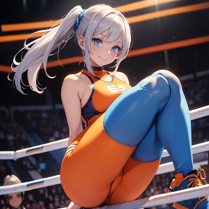 (masterpiece image, very detailed image, best high quality), 1 solo character alone.
(1Norse blonde silver haired girl, absolute beauty, 24 years old, fair skin, blue eyes, sexy beauty features, straight short pale golden blonde hair tied in two short little pigtails with silver hairpins, voluptuous body, big breasts, round butt, beautiful legs, beautiful, smiling cheerful face and happy), (orange wrestling leotard with leggings, blue wrestling long boots, blue elbiw pads, blue knee pads)
She's is at the wrestling ring doing a wrestling butt attack.