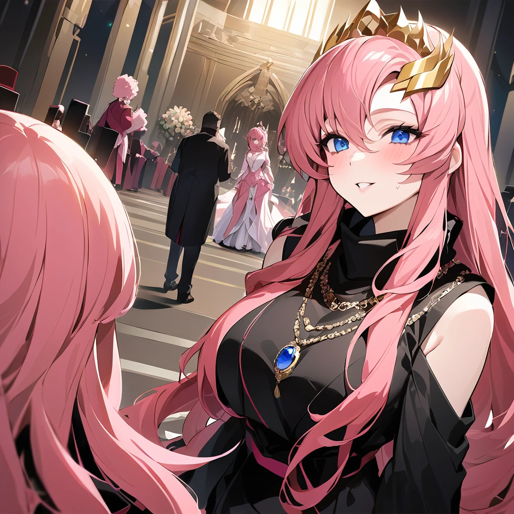 ((Highest quality)), ((masterpiece)), (detailed), （Perfect Face）、The woman is Lacus Clyne, the wife of the leader of a mysterious cult. She has blue eyes, medium-long pink hair, a hair accessory, is wearing the mysterious, luxurious cult clothing of the mysterious religious organization, a necklace and accessories with the symbol of the mysterious cult, a luxurious head chain tiara, and an engagement ring.、The woman is the wife of a middle-aged, bearded cult leader whom she greatly admires.、He is standing at the altar of a cult with a mysterious cult leader dressed in luxurious cult leader clothing.