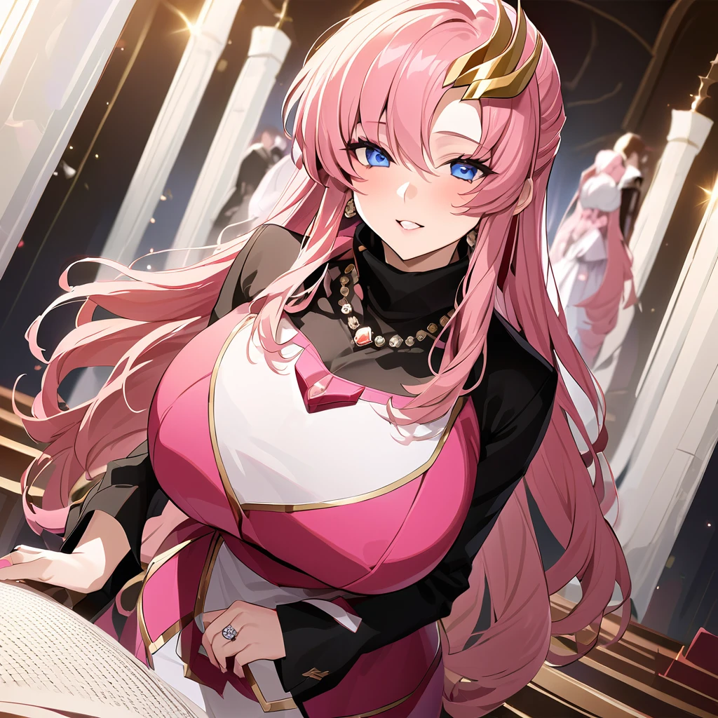 ((Highest quality)), ((masterpiece)), (detailed), （Perfect Face）、The woman is Lacus Clyne, the wife of the leader of a mysterious cult. She has blue eyes, medium-long pink hair, a hair accessory, is wearing the mysterious, luxurious cult clothing of the mysterious religious organization, a necklace and accessories with the symbol of the mysterious cult, a luxurious head chain tiara, and an engagement ring.、The woman is the wife of a middle-aged, bearded cult leader whom she greatly admires.、He is standing at the altar of a cult with a mysterious cult leader dressed in luxurious cult leader clothing.