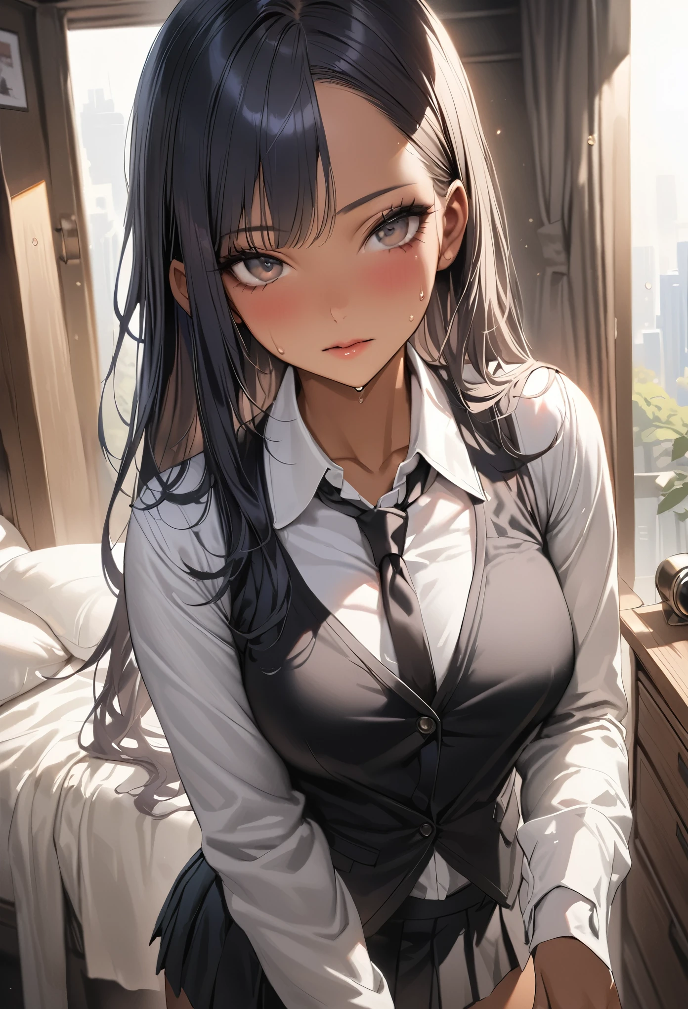 ((masterpiece,Highest quality:1.3,best quality illustration)),realistic,1woman,(20 year old beauty),((very small head:1.3)),ideal ratio body proportions,dark blue hair,straight long hair,bangs,black eyes,gorgeous big eyes,((tan skin,skinny)),(Black vest、Black tie、White collared shirt、Long sleeve、Black pleated mini skirt)),medium breasts,gleaming skin,slender body,sweat,standing,Simple bedroom,Shinjuku、Tokyo、nsfw,