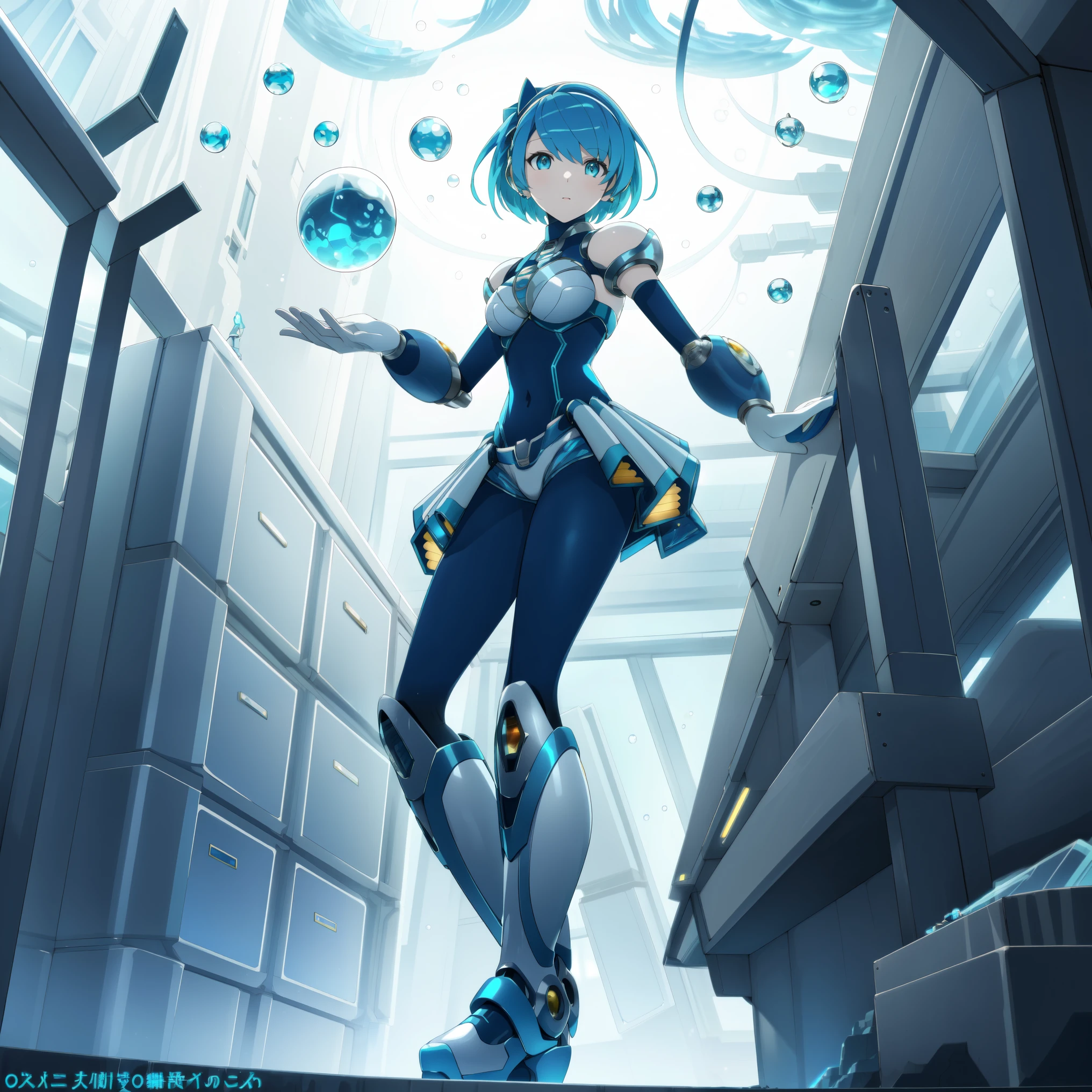 rico_megamanxdive, 1girl, solo, blue eyes, short hair, blue hair, android, high quality, masterpiece, standing in an underwater city with lots of bubbles, in the style of yuumei, intricate architectures, indigo, miniature illumination, daniel f. gerhartz