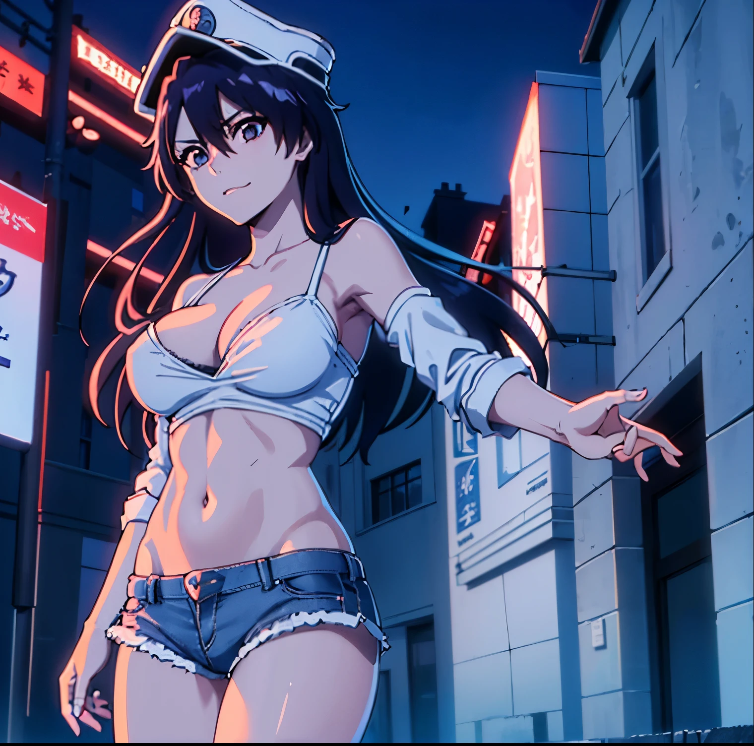 ((1girl)),((alone)),Bambietta Basterbine,(masterpiece), (best quality), (ultra detailed), (best illustration), (best shadow), (absurdities), sharp focus, cowboy shot , dynamic posture looking at the viewer, big breasts, narrow waist, wide hips, wide thighs, round butt, erotic, romantic, (very detailed eyes, lips 1.1), very detailed eyes, eyes, Very detailed face, Very beautiful face, height full, beautiful slim figure, femininity, expressive appearance, elastic big breasts, increased sexuality, underwear, shorts, panties, breasts, open fly:1.2, ribbon, navel:1.3, large breasts, white camisole:1.4, ((cleavage) ), smile, bowknot panties:1.4, two sides up, abdomen:1.3, unbuttoned, shorts:1.3, open shorts, denim:1.4, unbuttoned:1.3, white peaked cap, military cap, long black hair , defined body, Perfect and beautiful body, perfect and beautiful, , closed mouth, calm expression, blushing, (sexy pose: 1.2), ((solo)), standing: 1.3, outdoor, cityscape:1.4, streets:1.3 , city:1.3, night:1.3, city lights:1 .4,looking back,from behind,((focus on ass), point of view (from below), red blush, perfect anatomy, perfect hands,