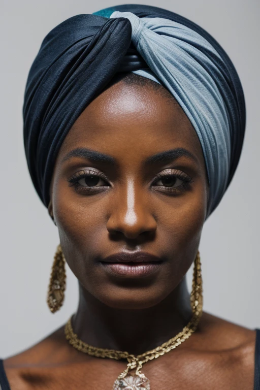 beautiful african woman with tattoos and turban, a tattoo by Shani Rhys James, Harlem Renaissance, perfect natural skin tones, perfect skin tones, dark skin, female goddess of love photo, professional film, professional image, ultra detailed, ultra realistic, cinematic, sharp focus