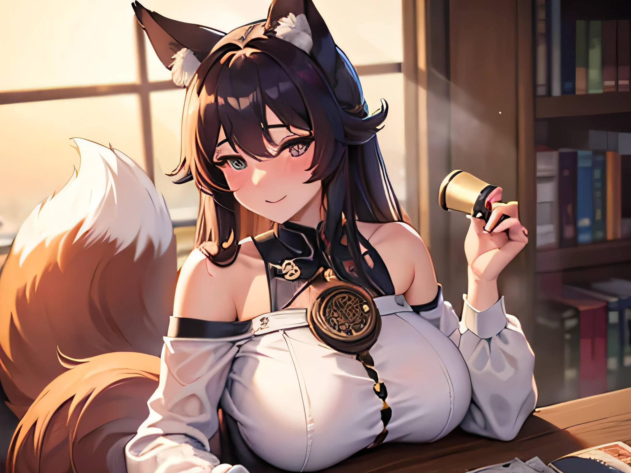 ((best quality)), ((masterpiece)), (detailed), 1 Girl, Off-shoulder ,Smile,Long hair,gentle,Anime style,big eyes,K cup,Revealing clothes,Chinese,Low collar,Fox ears,Mature,Sexy,blush,Foxman,Showing breasts,Combing the tail