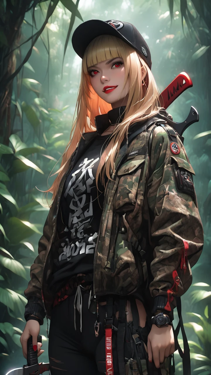 highest quality、masterpiece、1 girl、jungle background、blonde hair :1.5、red eyes 、red lips, camouflage clothes、Black and white world、Black and white world、machete 、side blade, evil smile, blunt bangs, baseball caps, full body:1.3, better quality detailed